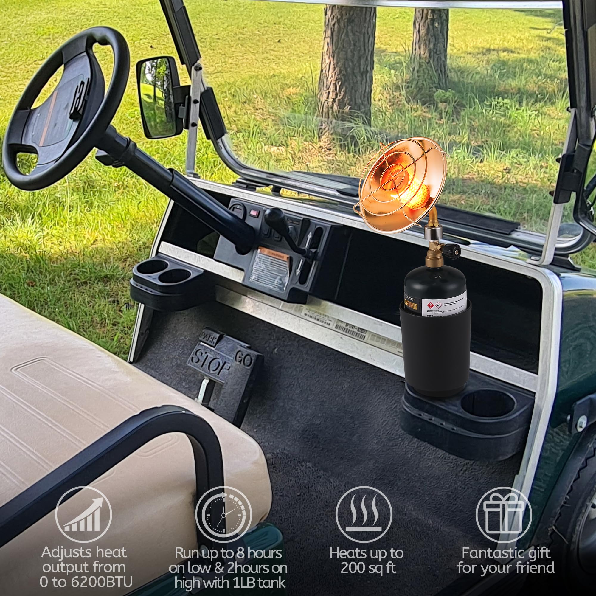 6200BTU Propane Golf Cart Heater with Cup Holder - Portable Outdoor Heater for Golf Carts, Camping & Patio - Uses 1lb Small Propane Tanks (Fuel Not Included)