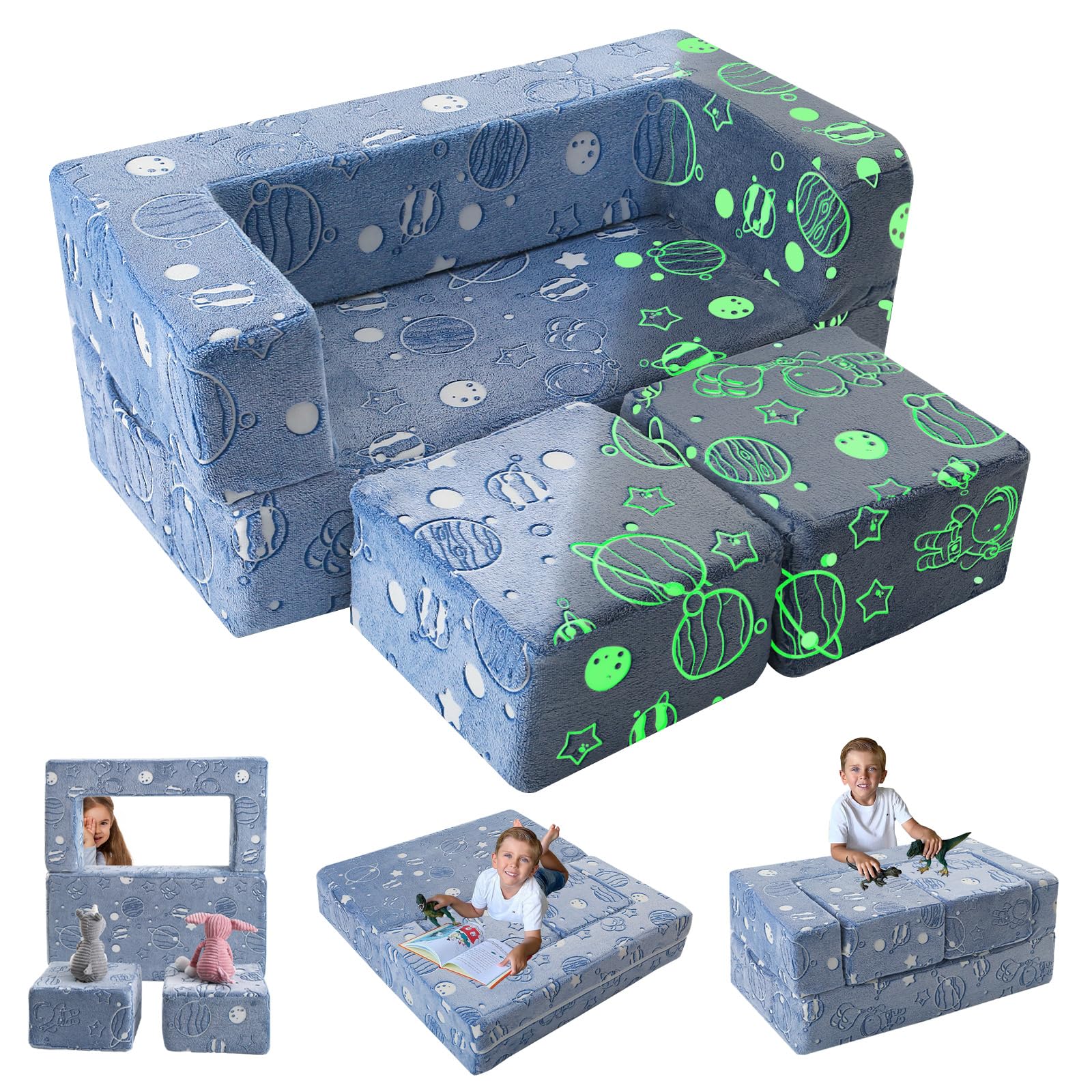 **Glow in The Dark Modular Play Couch for Kids – Foldable Foam Lounge Chair Sofa for Boys & Girls – Space-Themed Bedroom & Playroom Furniture – Perfect for Sleepovers, Reading Nooks & Playtime**