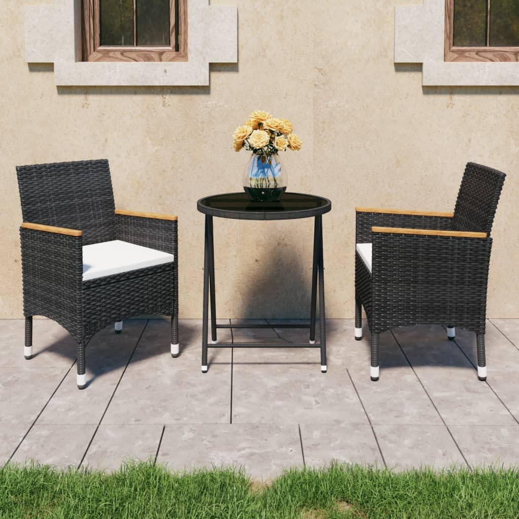 3-Piece Outdoor Bistro Set - Black Poly Rattan Patio Furniture with Tempered Glass Table - Perfect for Garden, Backyard, Poolside & Balcony Dining