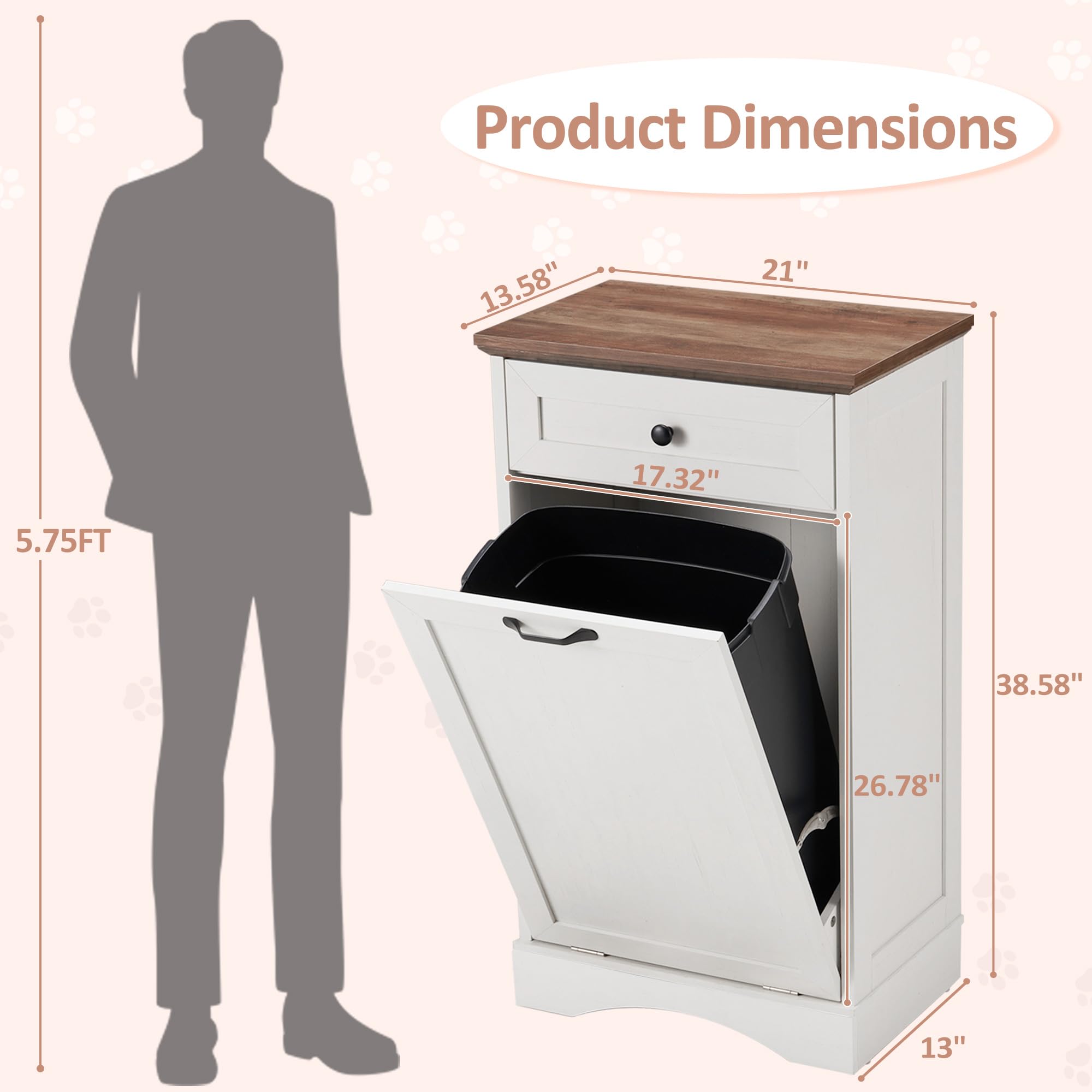 Spurgehom 13 Gallon Tilt-Out Trash Cabinet - Kitchen Waste Bin with Laundry Hamper, Pet-Proof Hidden Trash Can for Kitchen & Living Room in Antique White - Perfect for Small Spaces, Apartments & Pet Owners