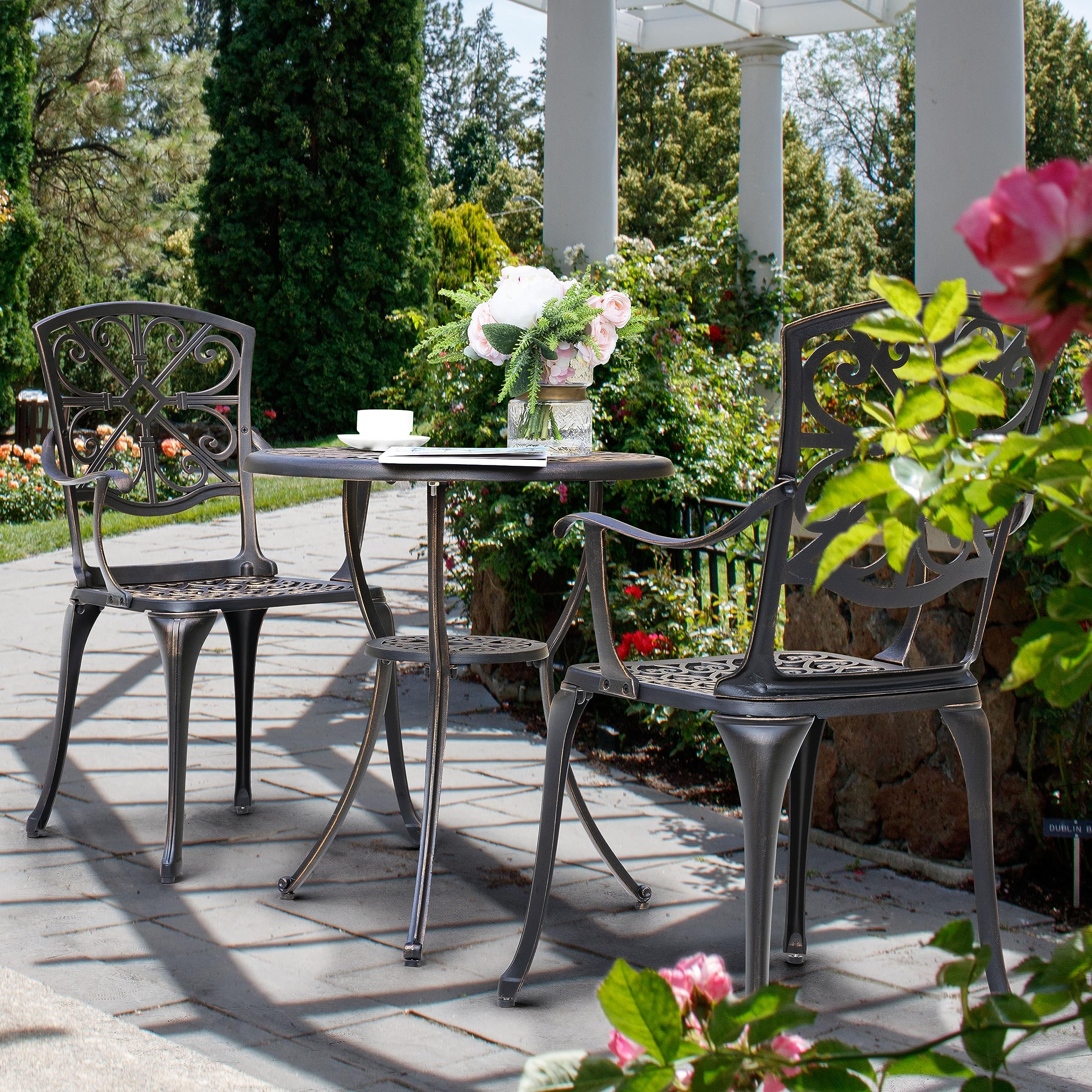 NUU GARDEN 3-Piece Outdoor Bistro Set - Rustproof Cast Aluminum Patio Table and Chairs with Umbrella Hole - Perfect for Backyard, Balcony, Front Porch, Garden & Poolside (Black)