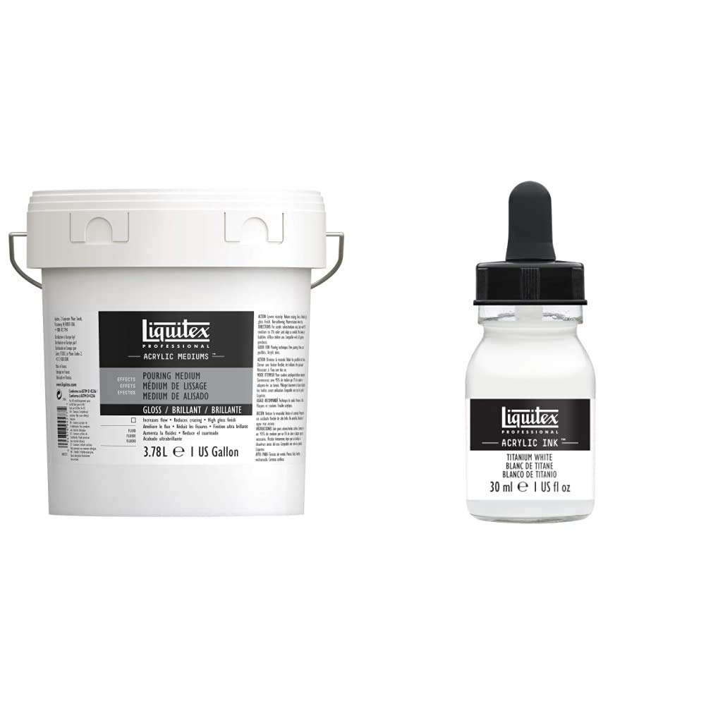 Liquitex Professional Pouring Effects Medium 1 Gallon (128 oz) & Acrylic Ink 1 oz Titanium White - Premium Fluid Art Supplies for Canvas Painting, DIY Crafts, and Home Decor Projects