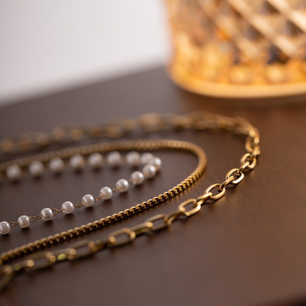 18K Gold Multi Layer Box Chain Necklace with Pearl Beads - Elegant Layered Jewelry for Women | Perfect for Weddings, Parties & Special Occasions | JDN20667