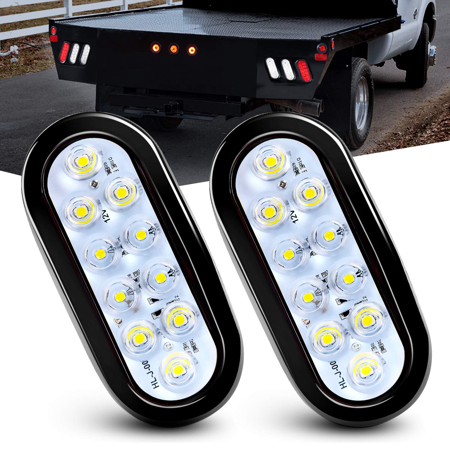 Nilight TL-09 6 Inch Oval White LED Trailer Tail Lights - 2PCS 10-LED Waterproof Reverse Lights with Flush Mount Grommets, IP67 Rated for RV, Truck, Jeep - Perfect for Nighttime Backing Up & Trailering - 2 Year Warranty