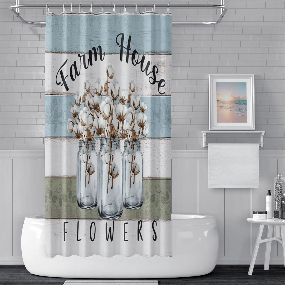 Bovlleetd Farmhouse Flowers Shower Curtain - 71x79 Inch Cotton Bathroom Curtain with Rustic Wood & Jar Design, Machine Washable Polyester Fabric with Hooks - Perfect for Country, Modern & Vintage Style Bathrooms