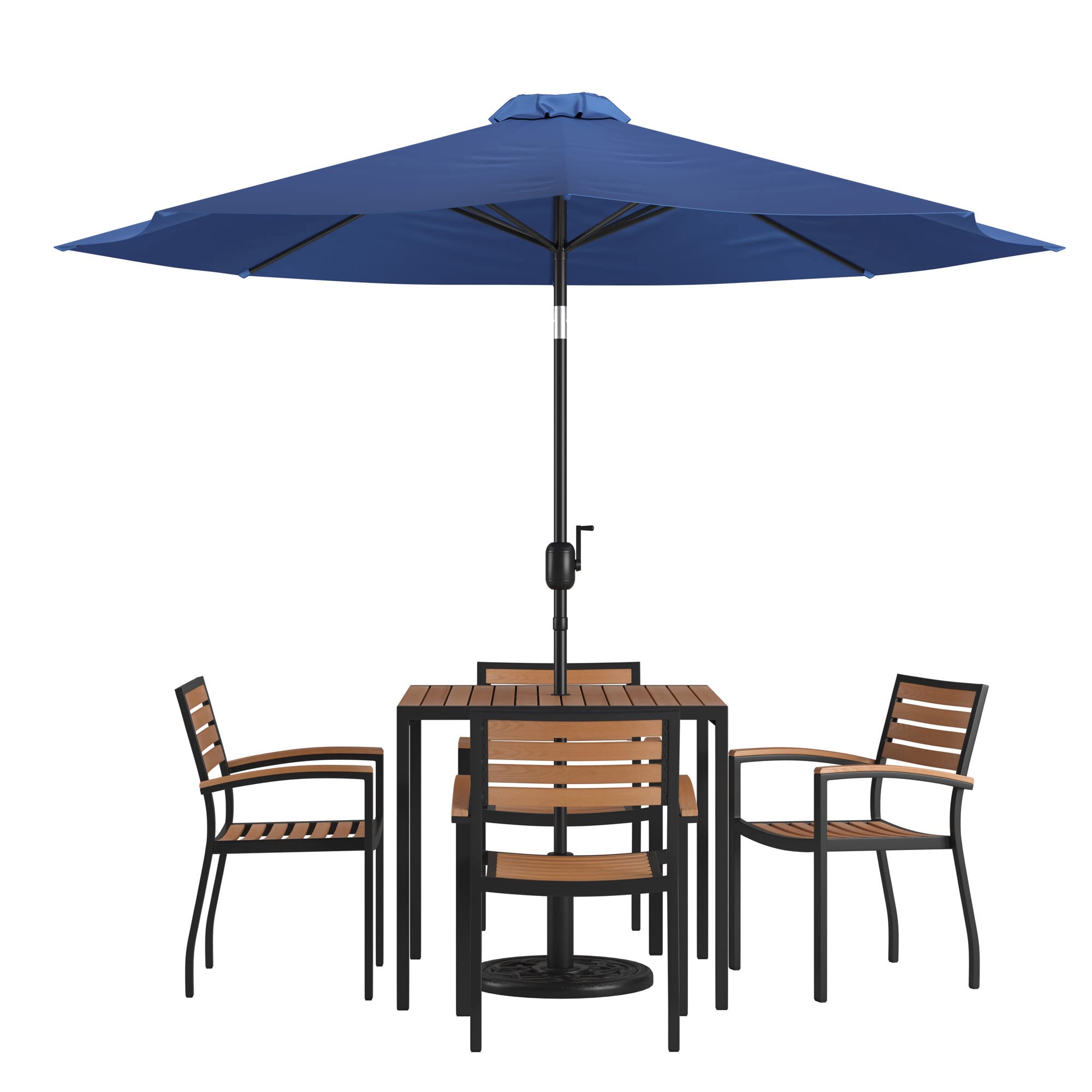 Flash Furniture Lark 7-Piece Outdoor Patio Dining Set - 4 Stackable Synthetic Teak Arm Chairs & 35