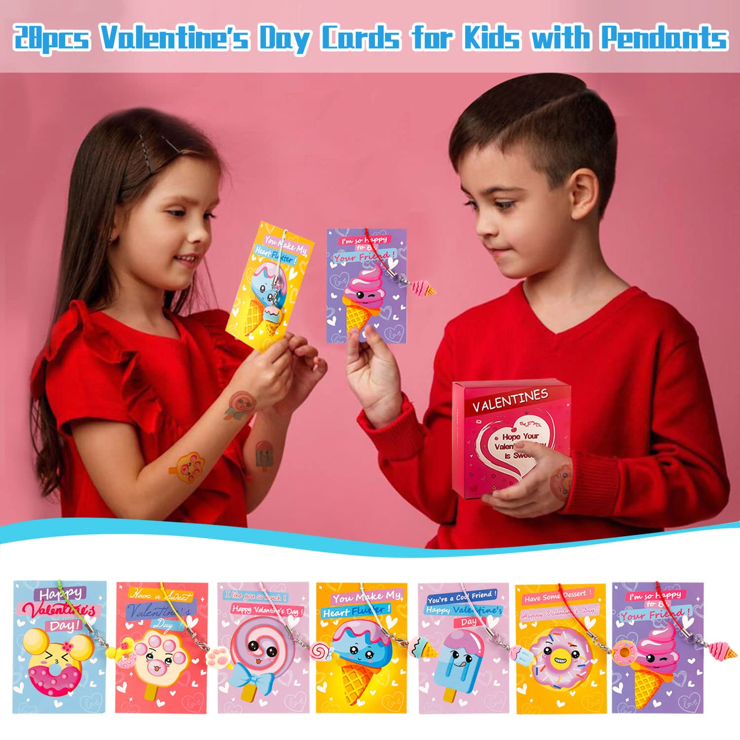 35Pcs Valentine's Day Cards for Kids - Cute Dessert-Themed Cards with 7 Unique Pendant Designs | Perfect for Classroom Exchanges, School Parties & Holiday Gifts | Fun Valentine's Day Activity for Preschool & Elementary Students