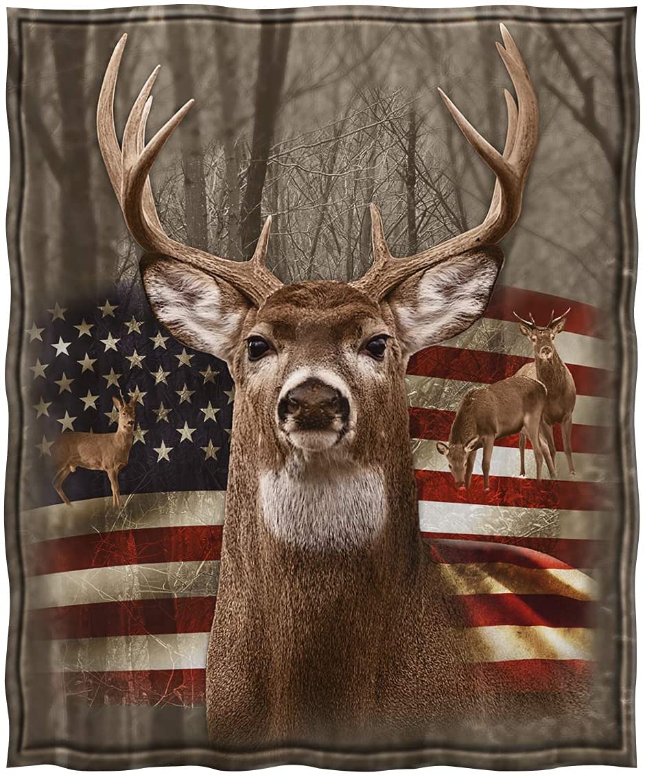 Jekeno American Flag Deer Blanket - USA Patriotic Throw Blanket for Men, Women, Adults & Kids - Hunting Gifts, Independence Day Decor - Perfect for Home, Bed, Couch, Camping & Outdoor Adventures