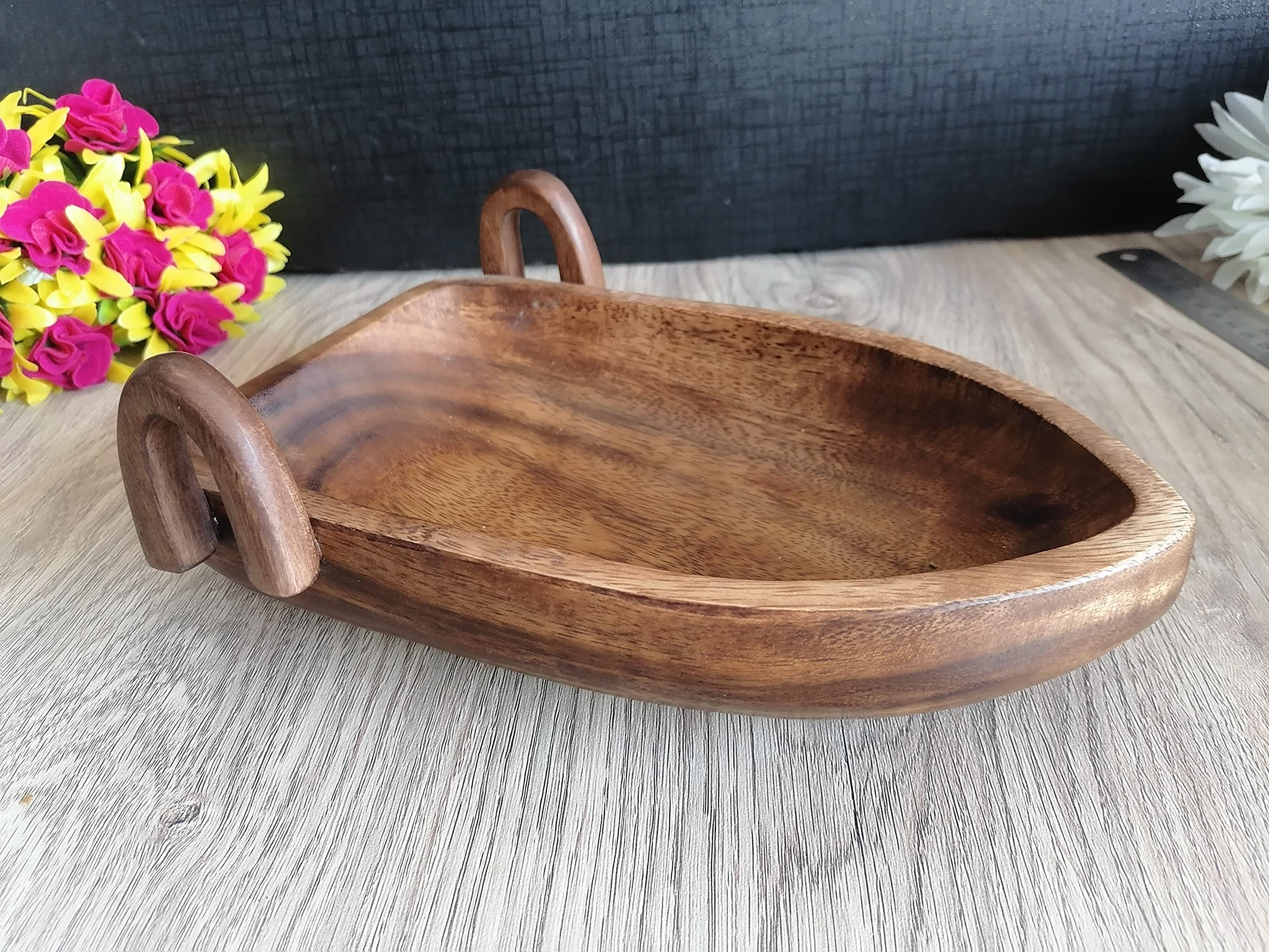 Premium Set of 2 Acacia Wood Serving Trays - Natural Brown Wooden Boat-Shaped Platters for Fruits, Salads, Snacks, Charcuterie & Appetizers | Includes 2 Forks & Spoons (10