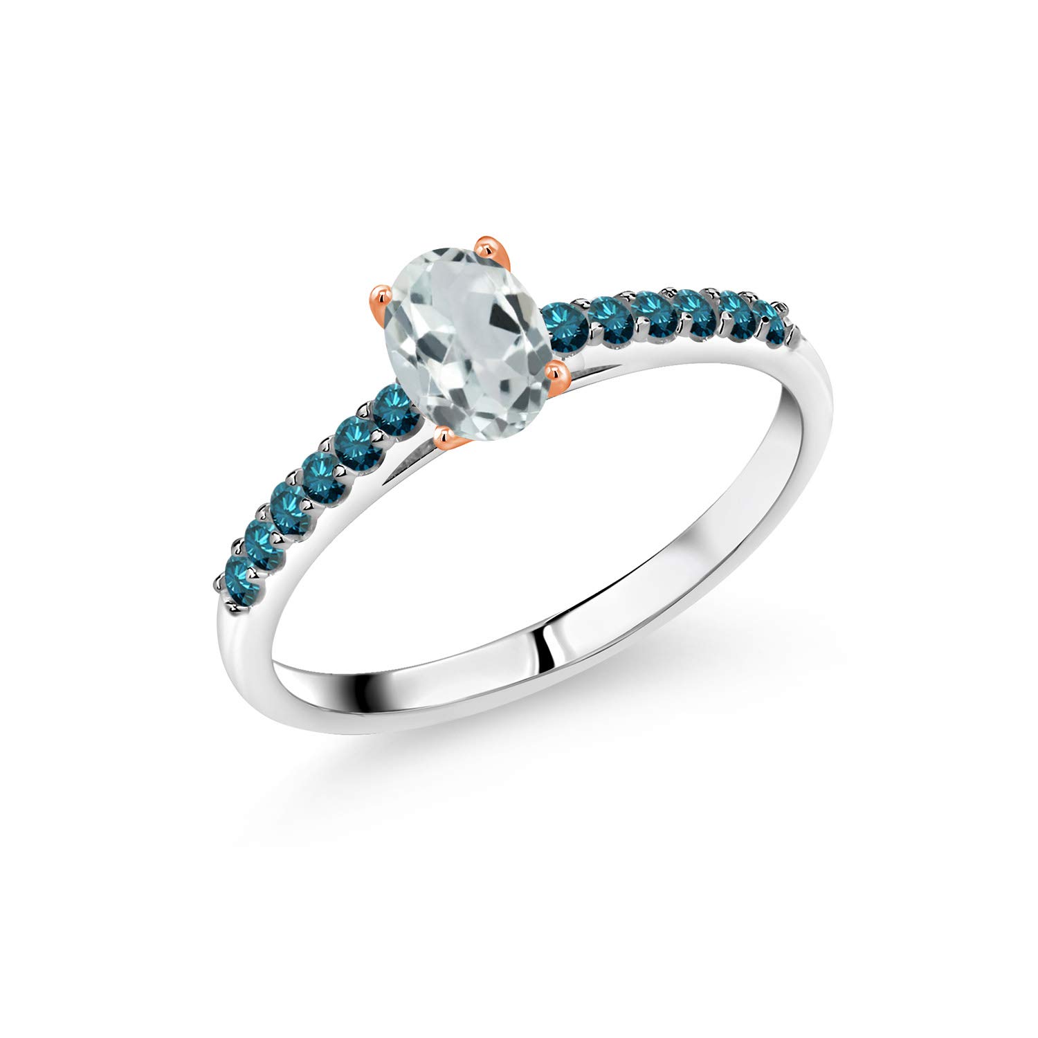 925 Sterling Silver Ring with 10K Rose Gold Prongs - 0.70 Ct Sky Blue Aquamarine & Diamond Engagement Ring for Women - Perfect for Valentine's Day, Anniversary & Wedding Jewelry Gift