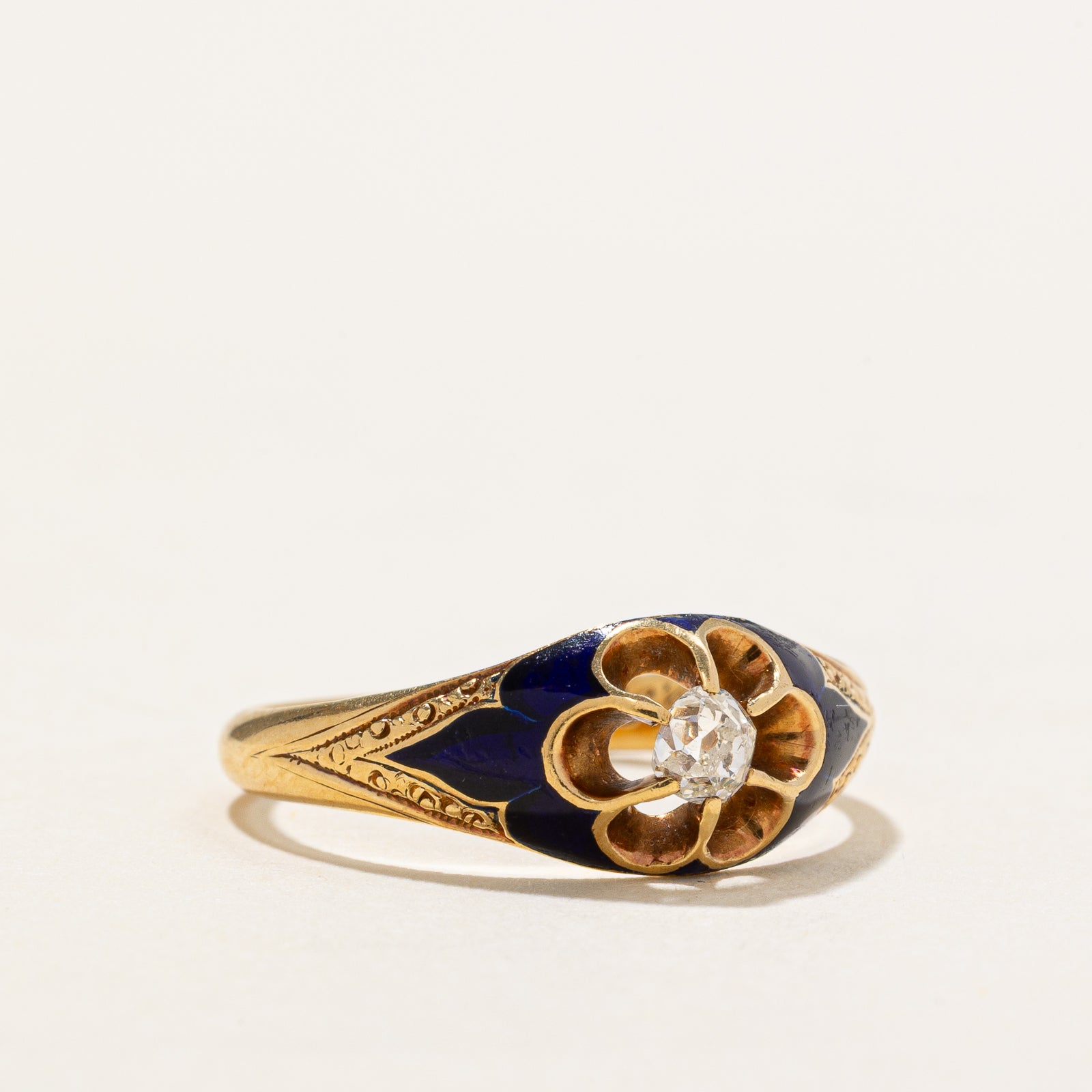 Vintage Belcher Set Old Mine Cut Diamond Enamel Ring - 0.13ct, Size 5.25 - Elegant Antique Jewelry for Weddings, Anniversaries & Special Occasions