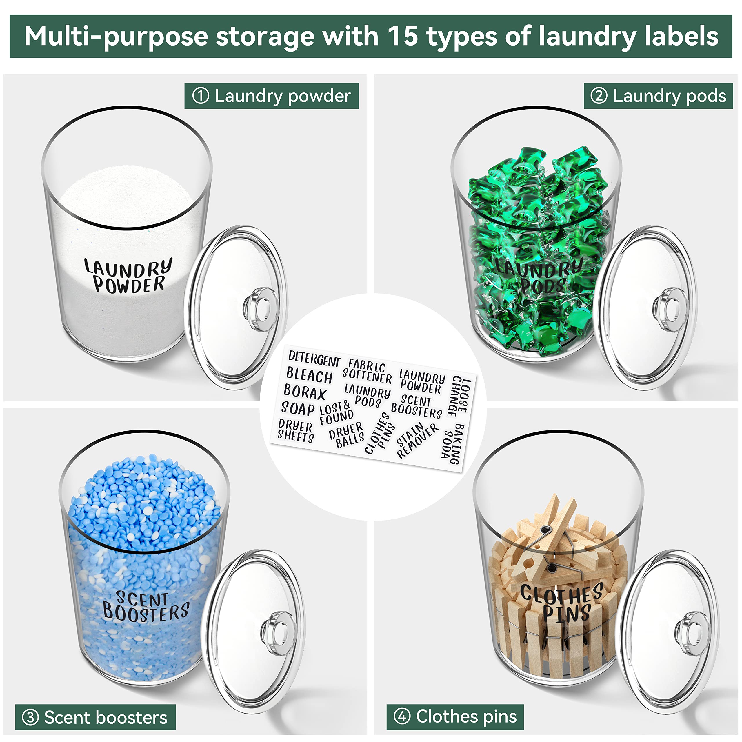 4 Pack Clear Acrylic Laundry Storage Containers with Labels & Scoops - Organize Pods, Powder, Detergent, Scent Boosters & Soap - Perfect for Laundry Room Organization & Small Space Storage Solutions