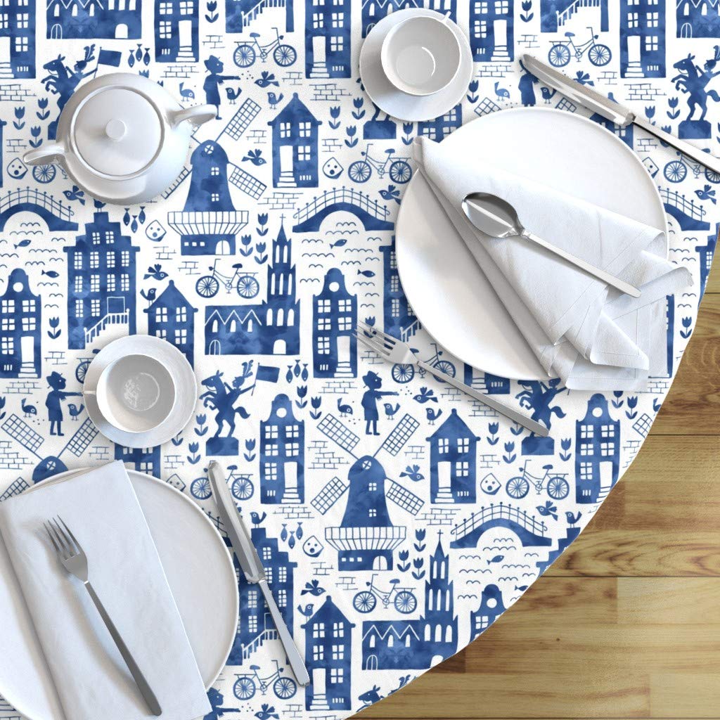 Custom Delft Dutch Blue Watercolor Windmill Bike Tulips Print Cotton Sateen Tablecloth 70