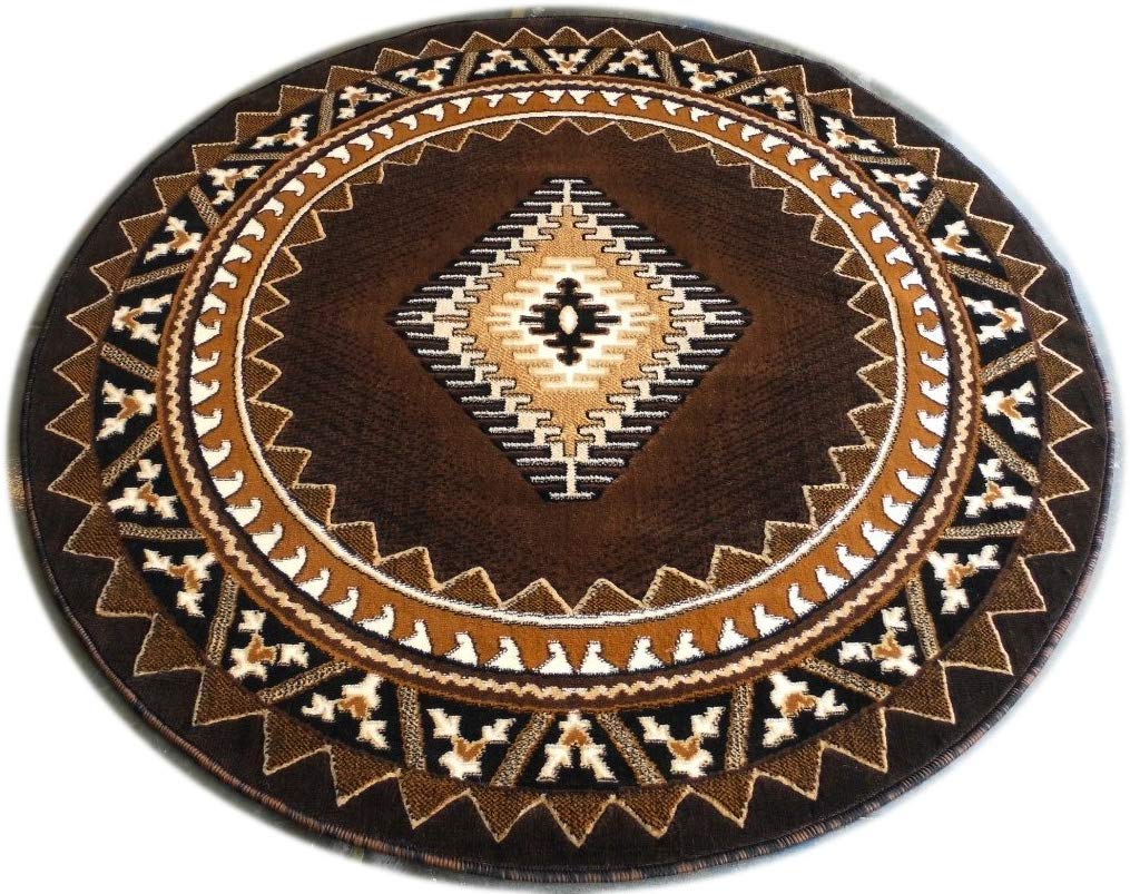 Handwoven Southwestern Navajo Area Rug - Chocolate, Ivory, Mocha & Espresso Geometric Medallion Design - 7' Round Boho Chic Rug for Living Room, Bedroom or Office Decor
