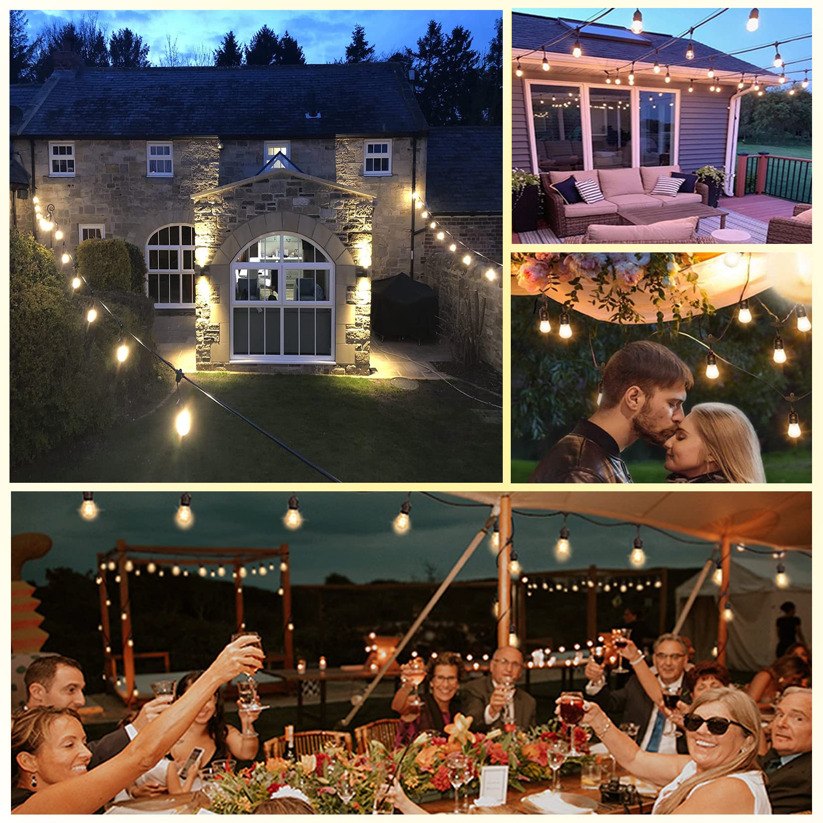 48FT Outdoor LED String Lights - Heavy-Duty Waterproof Patio Lights with 16 Shatterproof Plastic Bulbs (2200K Warm White) for Backyard, Garden, Gazebo, Pergola, Cafe, Bistro - Perfect for Outdoor Dining, Wedding Decor & Commercial Lighting