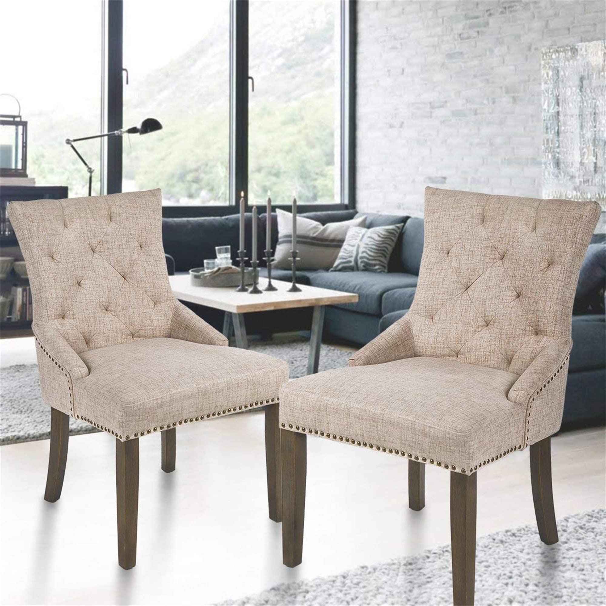 Comfortable Beige Dining Chairs Set of 2 - Padded Armrest Kitchen Chairs with Nailhead Trim for Dining Room, Kitchen & Breakfast Nook