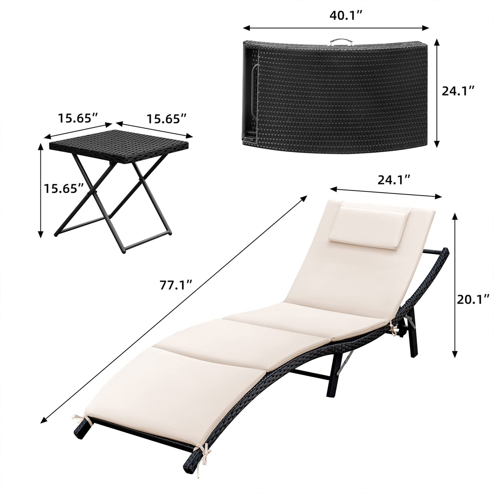 GUNJI 3-Piece Outdoor Wicker Lounge Chair Set with Adjustable Chaise & Side Table - Beige Patio Furniture for Poolside, Deck, Lawn, Garden & Backyard Relaxation