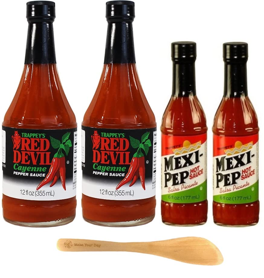 Trappey's Red Devil Hot Sauce 12oz & Louisiana Hot Sauce 6oz - Spicy Flavor Combo Pack (4 Bottles) with Free Mini Bamboo Spatula - Perfect for BBQ, Tacos, Wings & Cooking