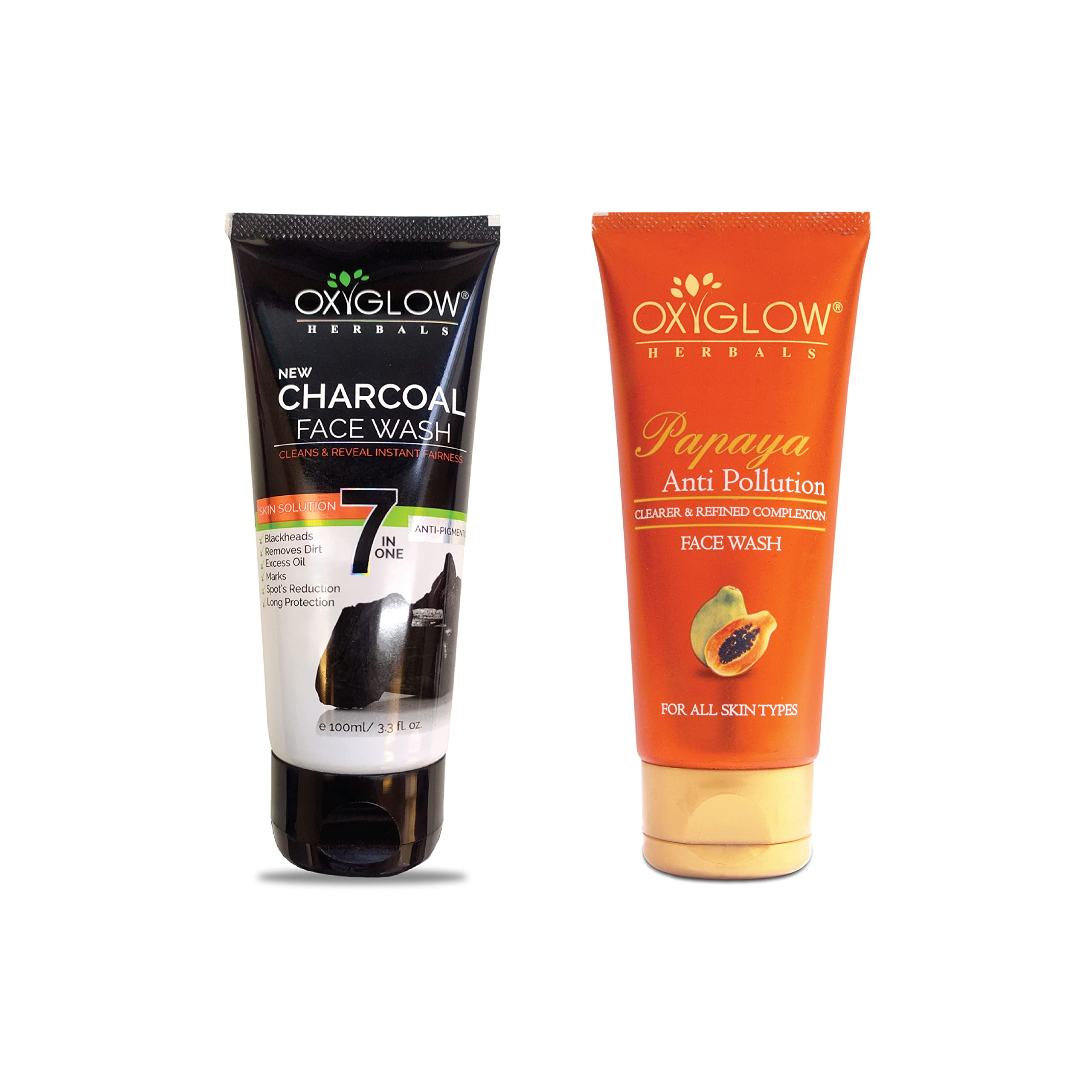 OxyGlow Herbals 7-in-1 Activated Charcoal Face Wash & Papaya Face Wash Combo (100g Each) - Deep Exfoliation, Blackhead & Whitehead Removal, Pore Cleansing, Dark Spot Reduction, Oil Control - For All Skin Types - Clean & Healthy Skin - Perfect for Daily Skincare Routine & Travel Essentials
