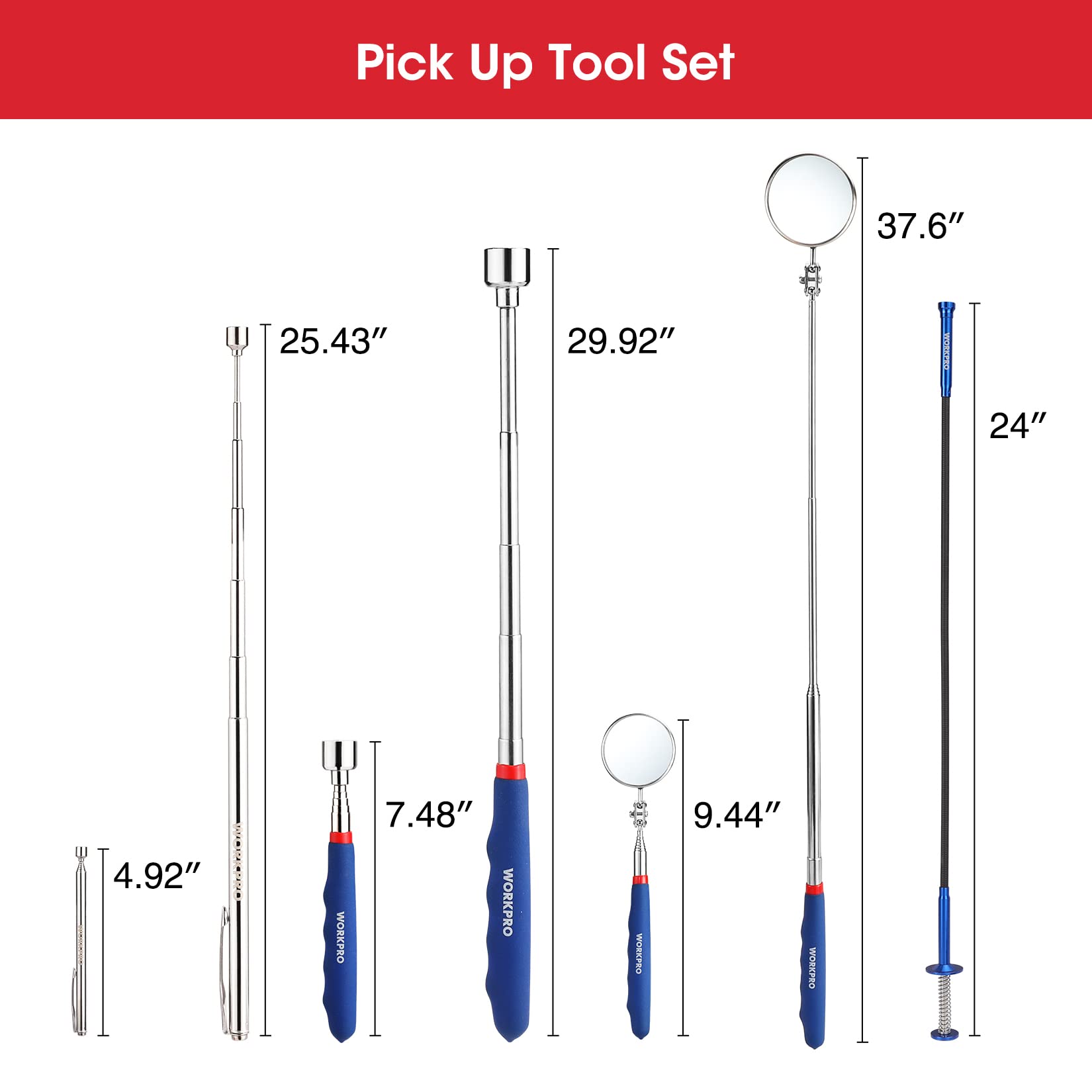 WORKPRO 4-Piece Telescoping Magnetic Pick Up Tool Set with Inspection Mirror & 4-Claw Grabber - Auto Repair, DIY, Home Maintenance & Hard-to-Reach Object Retrieval Tools