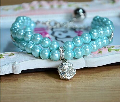 Luxury 2 Row Pearls Rhinestone Pet Collar Necklace with Crystal Ball Charm - Elegant Jewelry for Small Dogs, Cats, Puppies, Chihuahua & Yorkie - Adjustable 10-12 Inch (Blue) - Perfect for Parties, Photos & Special Occasions