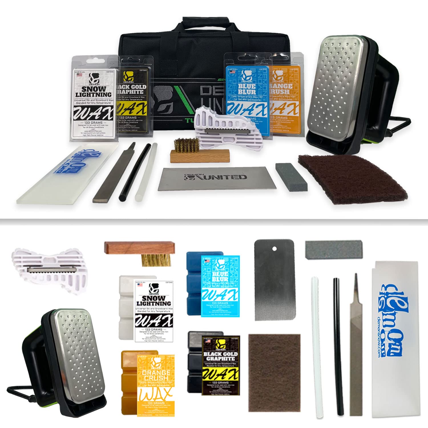 DEMON UNITED USA Diamond Star Edition Ski & Snowboard Tuning Kit - All Season Wax Kit with Hot Wax Iron, Wax Apron, Nylon Brush & Brake Retainers - Perfect for Winter Sports Maintenance & Equipment Care
