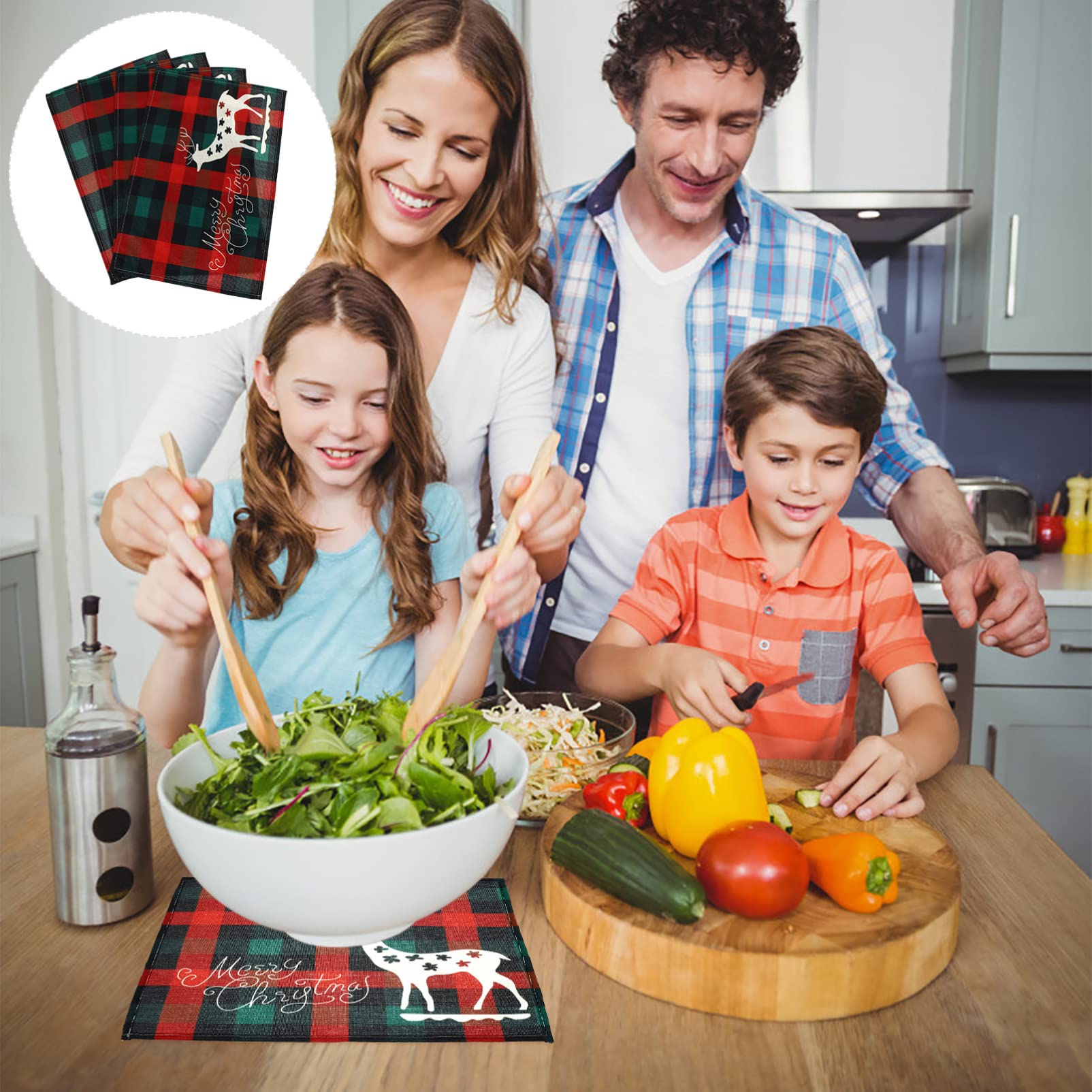 4-Piece Christmas Placemats Set - Buffalo Plaid Holiday Coasters & Drying Mats for Coffee & Tea - Festive Red Xmas Table Mats with Printed Cloth Design - Perfect for Holiday Dining, Kitchen Decor & Seasonal Entertaining