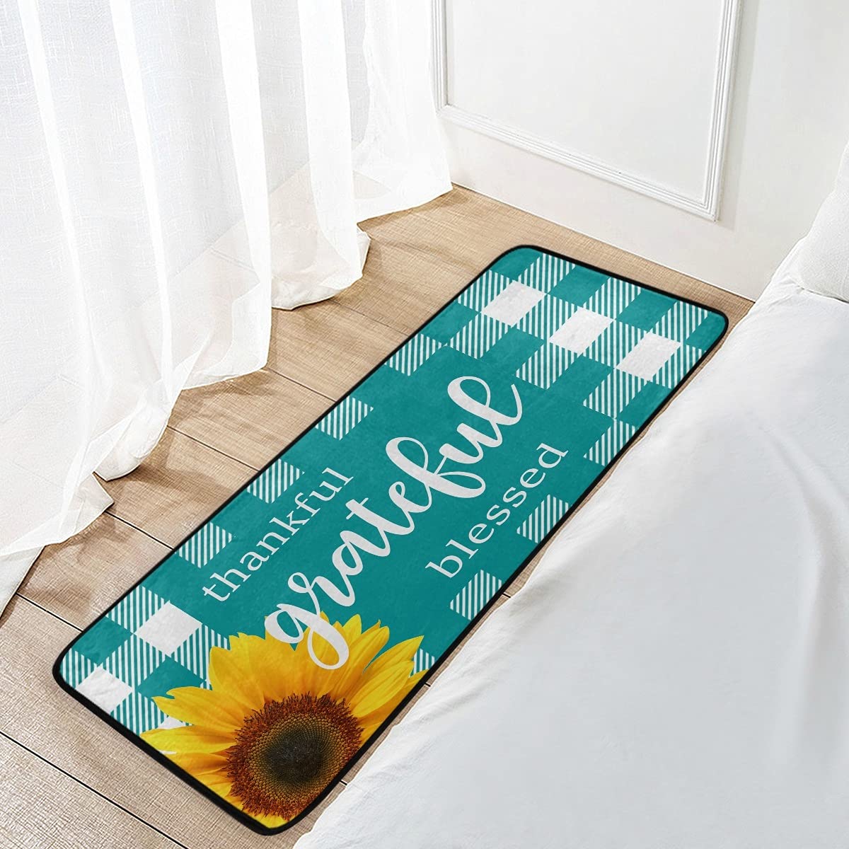 Buffalo Check Turquoise Plaid Washable Kitchen Rug - Non-Slip Anti-Fatigue Floor Mat for Sunflower Themed Kitchens | Perfect for Farmhouse Decor & High-Traffic Areas