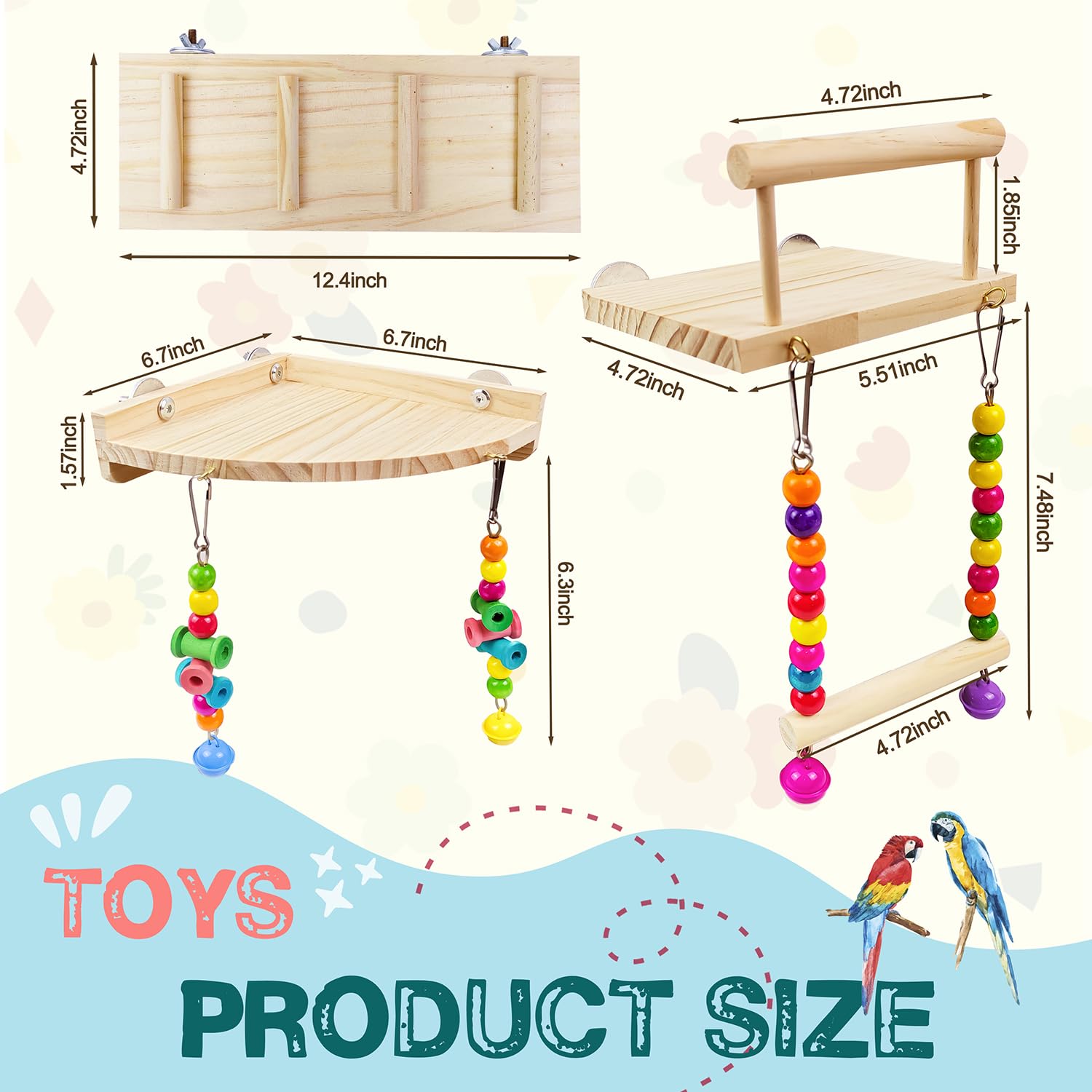 3PCS Natural Wood Bird Perches Platform Swing with Climbing Ladder - Safe Bungee Chew Toys for Parrots, Lovebirds, Budgies, Chinchillas & Small Pets - Cage Accessories for Climbing, Playing & Exercise - Perfect for Green Cheek Conures, Hamsters & Pet Birds