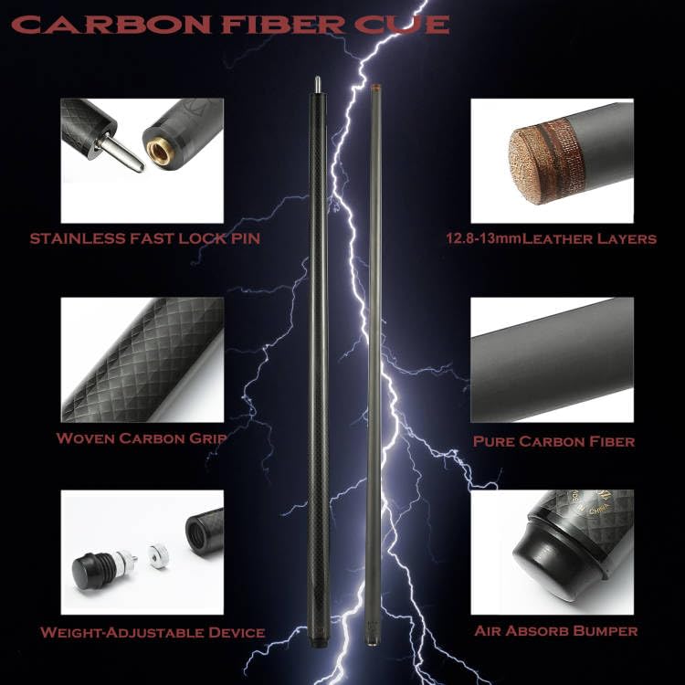 Premium Carbon Fiber Pool Cue Stick - 12.8mm Tip, 58