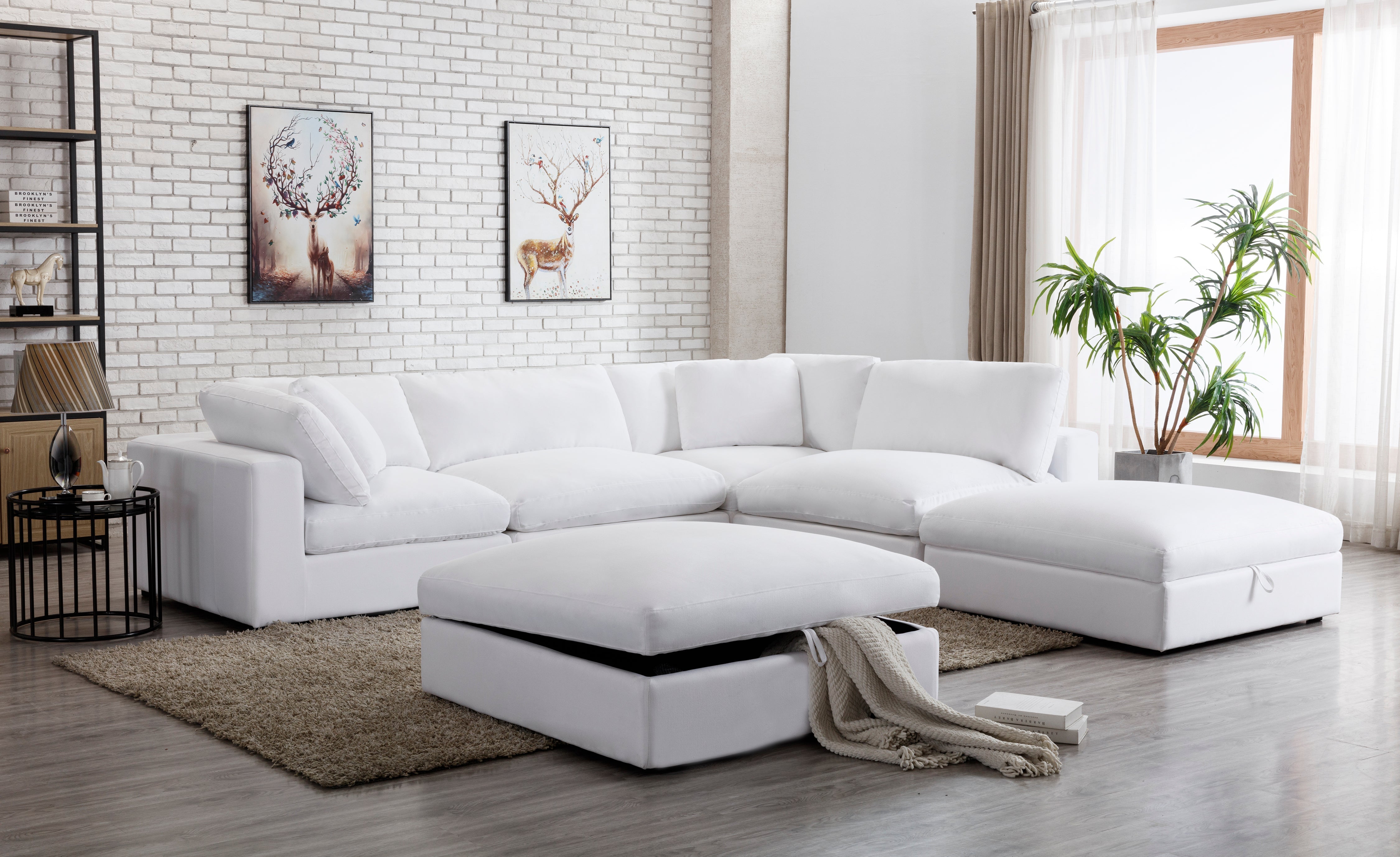 Rivas Contemporary Feather Fill 5-Piece Modular Sectional Sofa with 2 Ottomans in White | Modern Living Room Furniture for Small Spaces & Family Gatherings