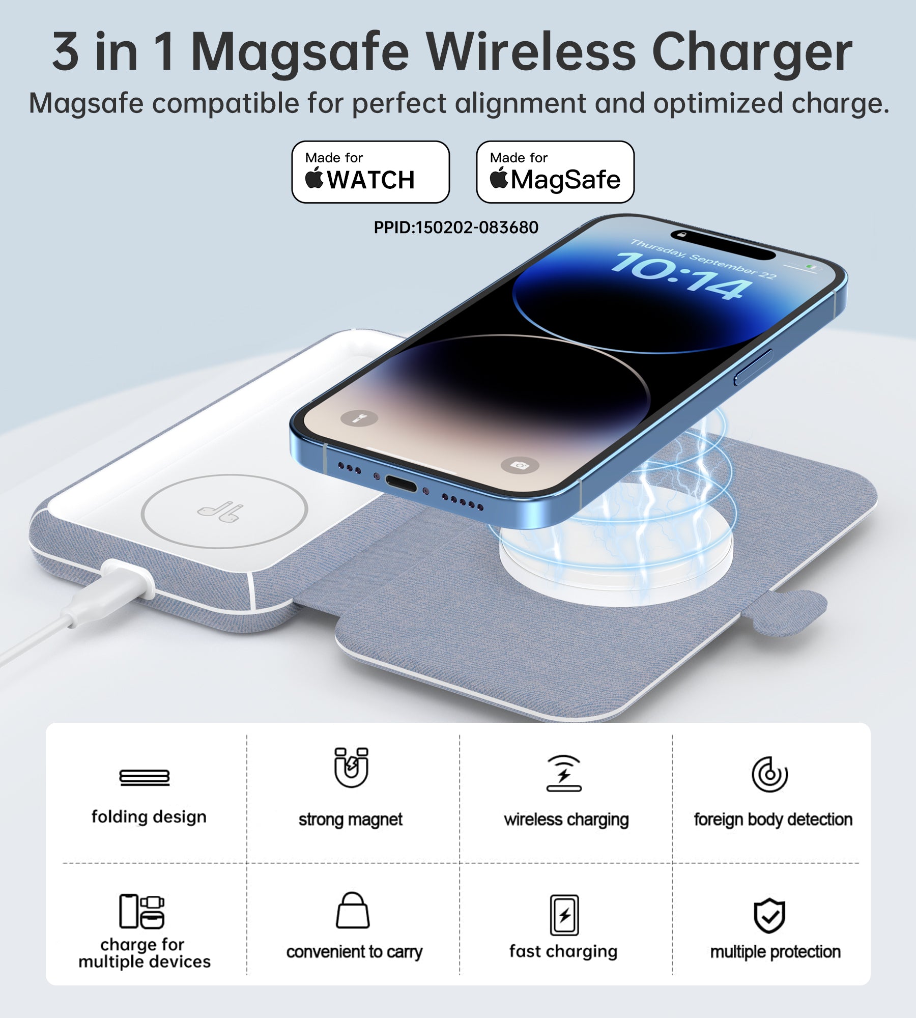 CHOETECH T324 MFM & MFi Certified 3-in-1 Magnetic Charging Station - 15W MagSafe Fast Charger for iPhone | Foldable Apple Watch Stand | Wireless Charging Pad | PU Leather Finish - Perfect for Home, Office & Travel