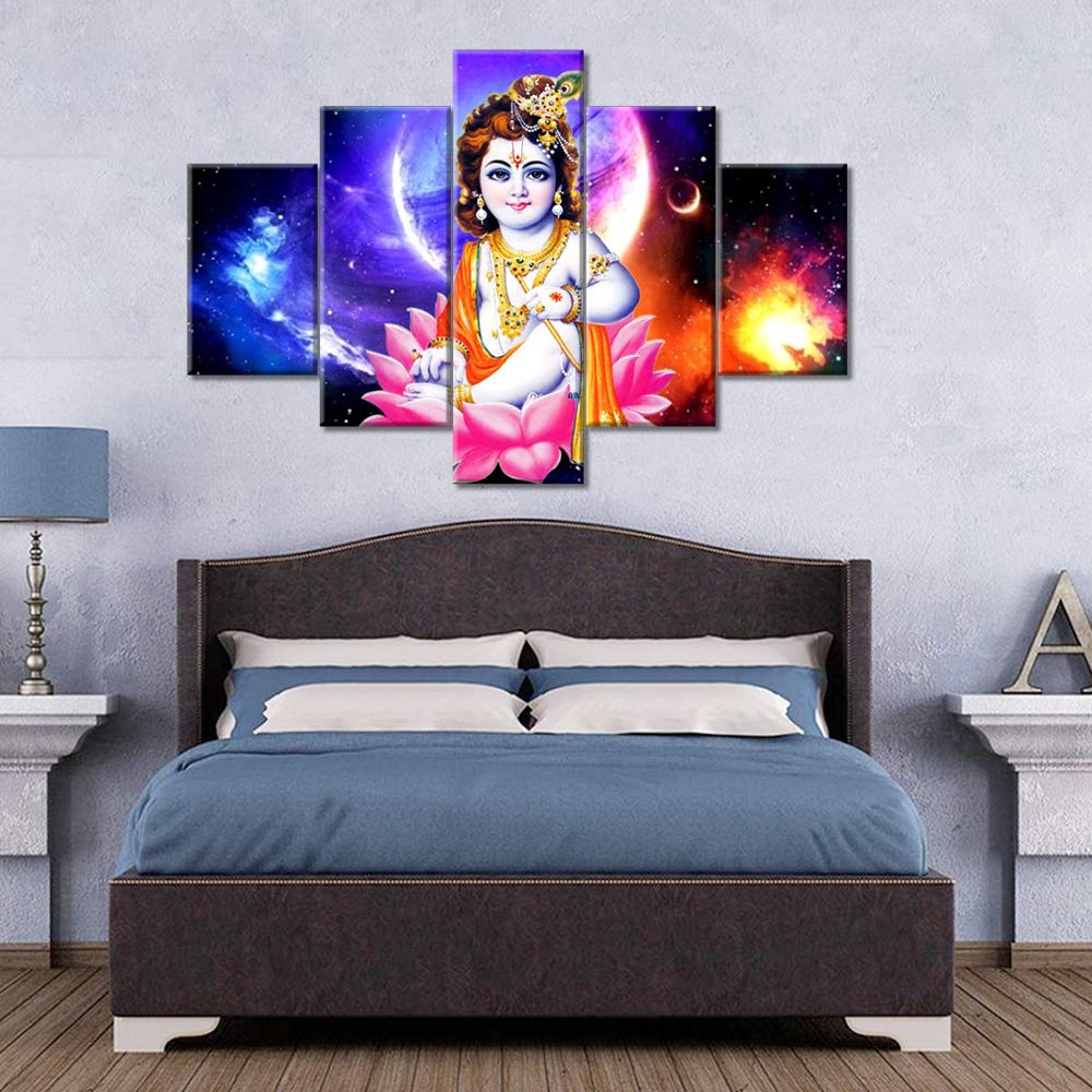 TUMOVO Indian Home Decor - Lord Krishna Wall Paintings Hindu Wall Art Set of 5 Framed Canvas Prints (60