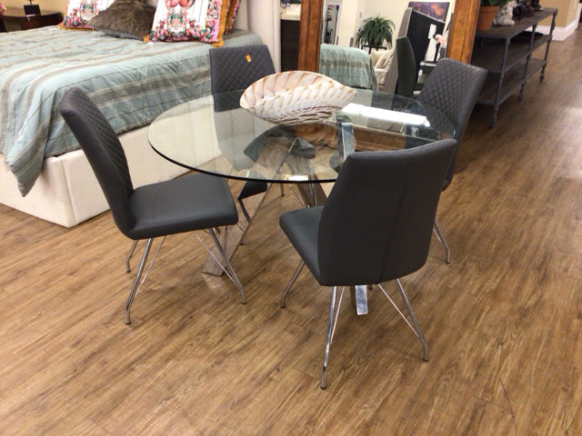 Modani Adam’s Modern Round Glass Top Dining Table Set with 4 Chairs - Contemporary Kitchen & Dining Room Furniture for Small Spaces & Apartments