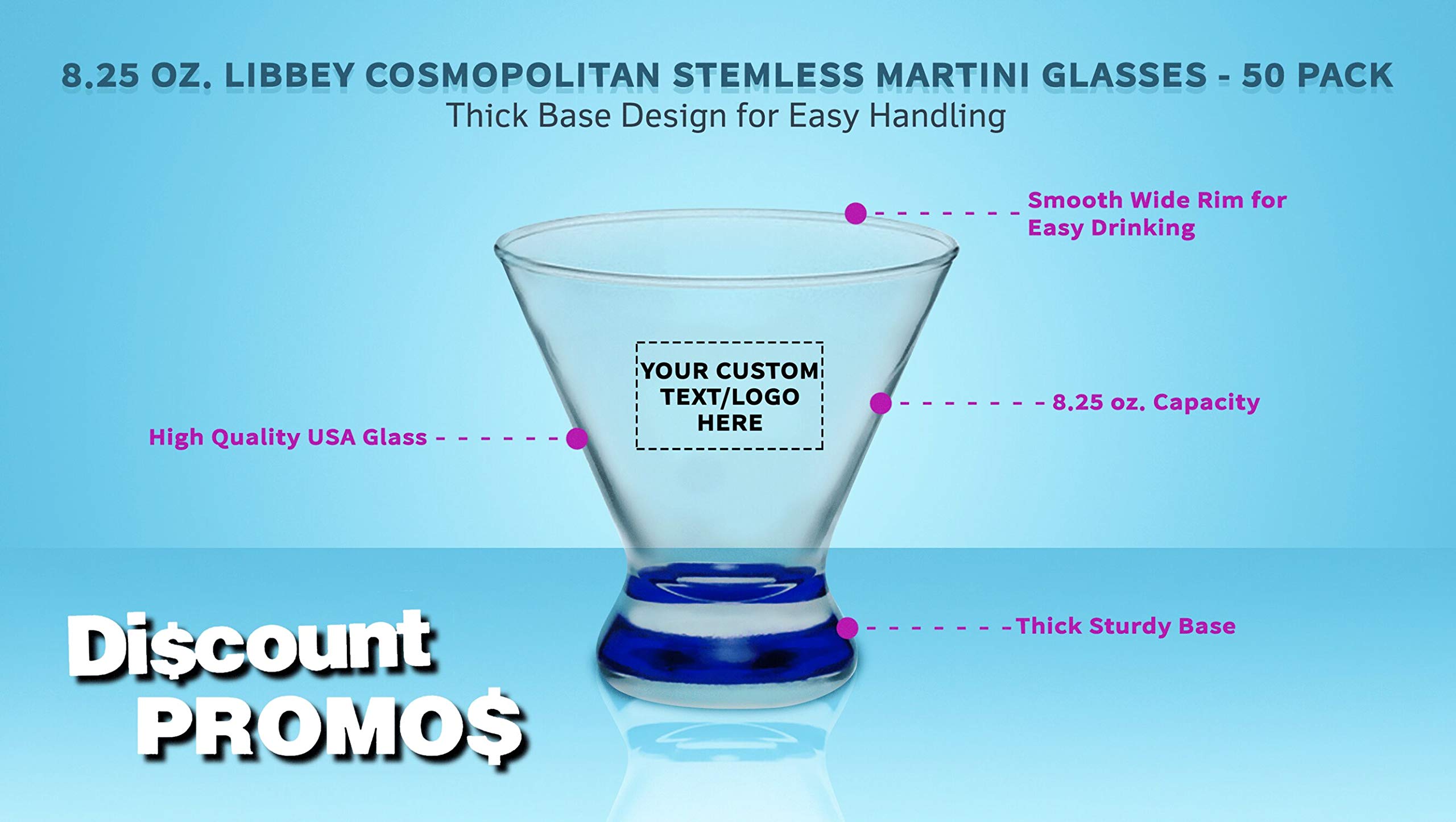 Custom Libbey Martini Glasses 8.25 oz (Set of 50) - Personalized Bulk Cocktail Glasses for Weddings, Parties & Events - Elegant Blue Barware - Perfect for Home Bars, Restaurant Use & Special Occasions
