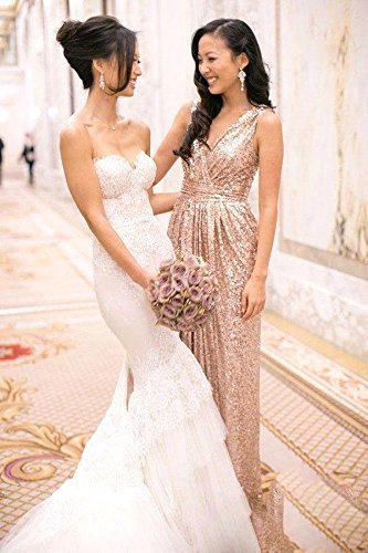 MisShow Women's Sparkly Sequins Bridesmaid Dress - Long V-Neck Prom Evening Gown for Weddings, Parties & Special Occasions