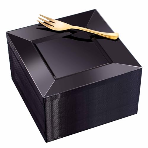 100pcs Black Square Dessert Plates with Gold Dessert Forks