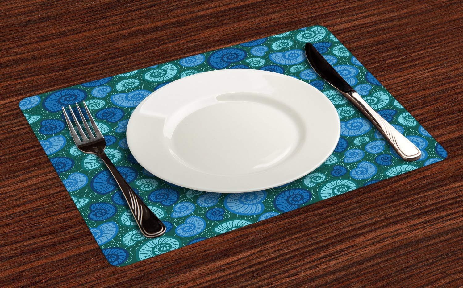 Ambesonne 4-Piece Shell Design Placemats Set - Periwinkle & Chestnut Seashell Pattern on Dotted Vortex Background, Washable Fabric Table Mats for Dining Room & Kitchen Decor in Dark Teal & Violet Blue | Perfect for Beach-Themed Dinner Parties, Coastal Home Decor, and Everyday Table Setting