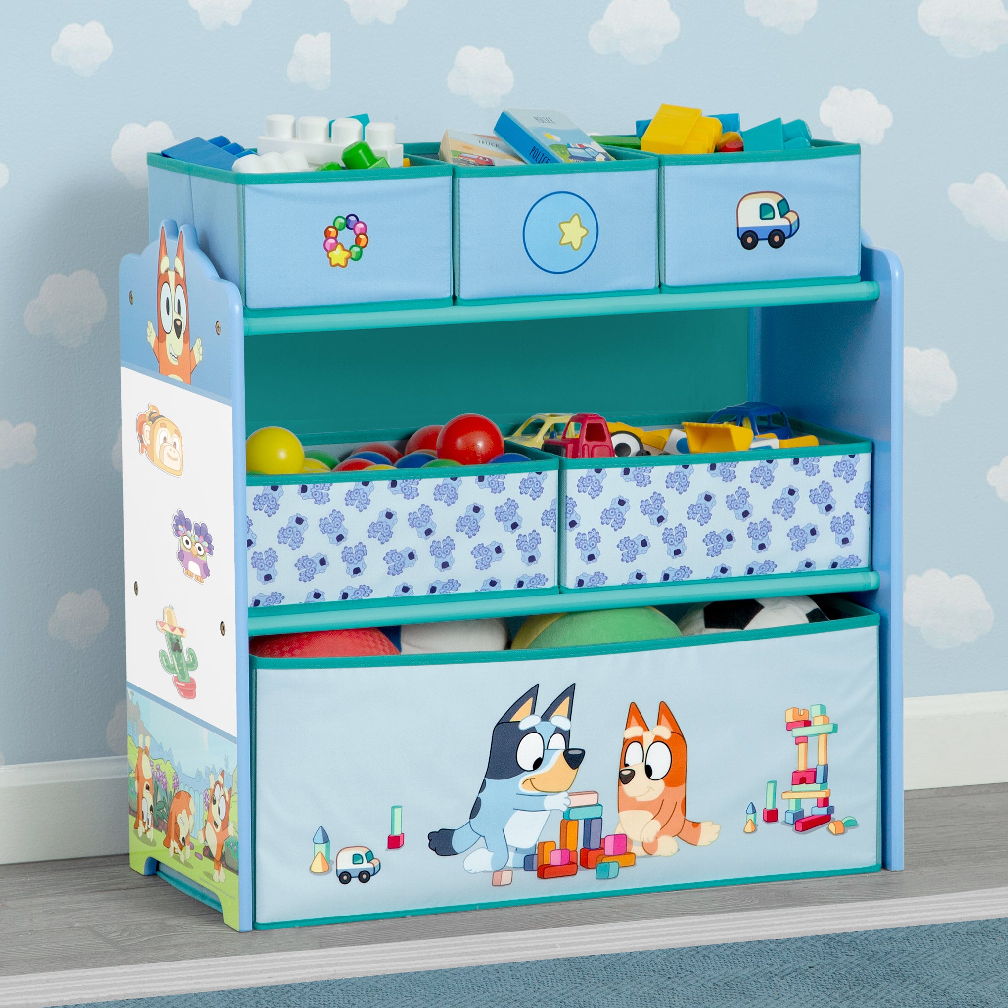Bluey Themed 6-Bin Toy Storage Organizer for Kids - Durable Plastic Toy Box with Handles for Playroom, Bedroom, and Classroom Organization
