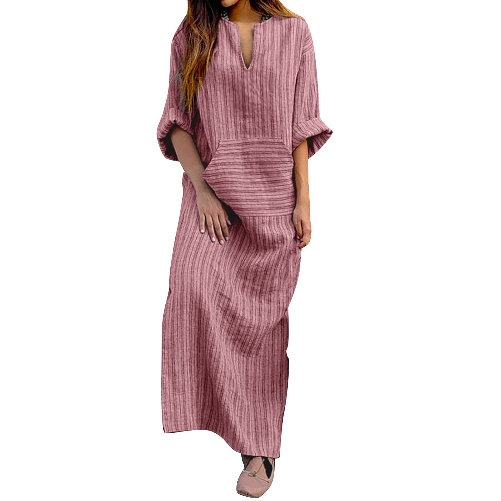 ETHKIA Women's Sexy Casual Cotton Linen Striped Maxi Dress - Breathable Yarn-Dyed Loose Fit Summer Beach Dress for Vacation, Date Night & Party Wear