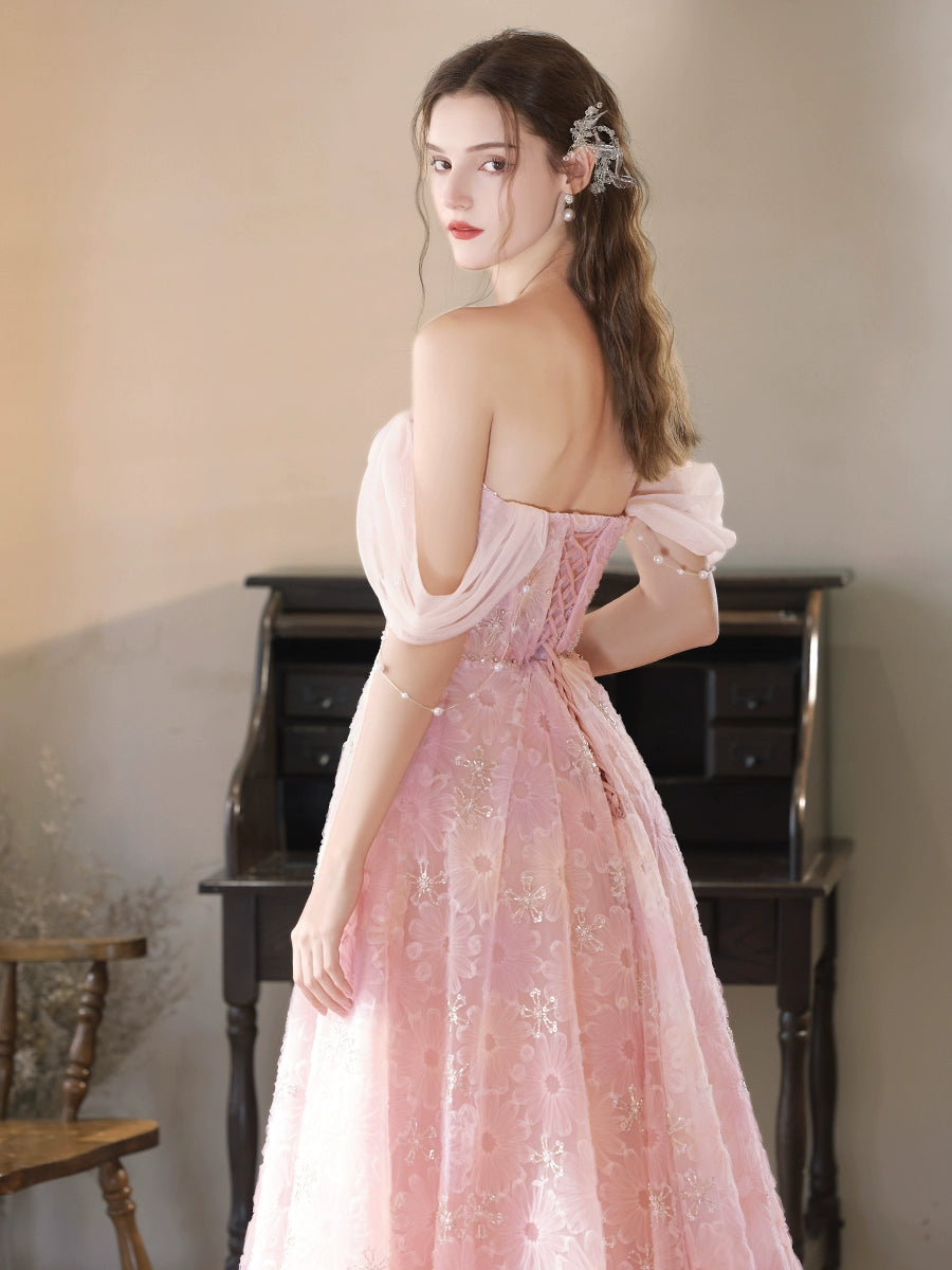 Elegant A-Line Off Shoulder Tulle Lace Pink Long Prom Dress | Pink Lace Evening Gown for Women | Perfect for Prom, Homecoming, Wedding & Formal Events