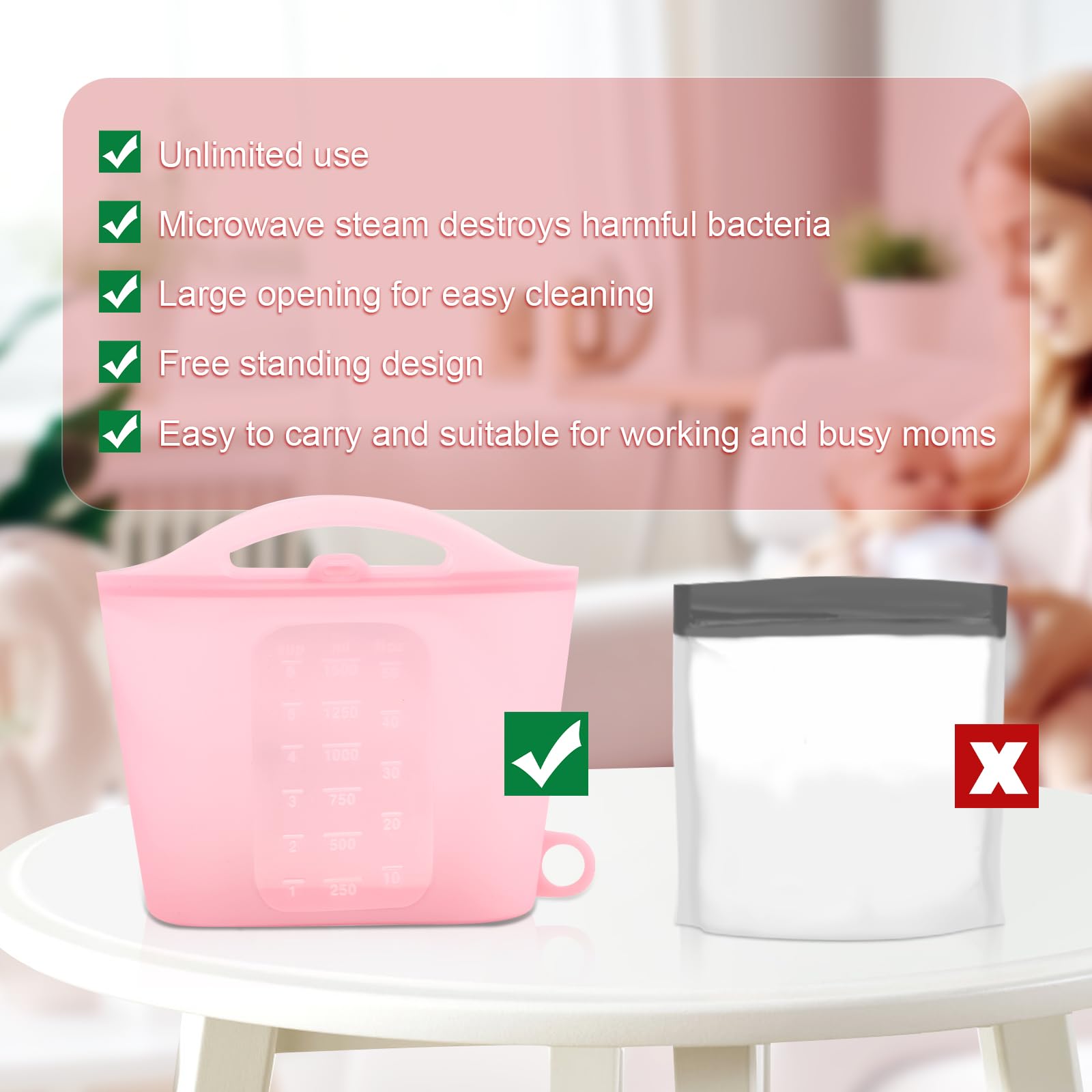 1.5L Reusable Microwave Sterilizer Bags for Baby Bottles, Pacifiers & Breast Pump Parts - BPA-Free Silicone Sterilization Pouches for Home & Travel - Essential Mom Accessories (Pink) | Perfect for Daycare, Hospital Visits & On-The-Go Sterilization