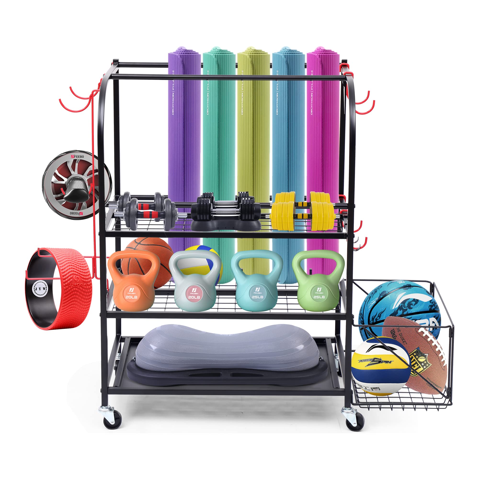 Premium Sports Equipment Storage Organizer - Heavy Duty Garage Wall Mount System for Basketballs, Soccer Balls & Yoga Mats with Hooks & Basket - Perfect for Home Gym, Garage Organization & Sports Gear Storage