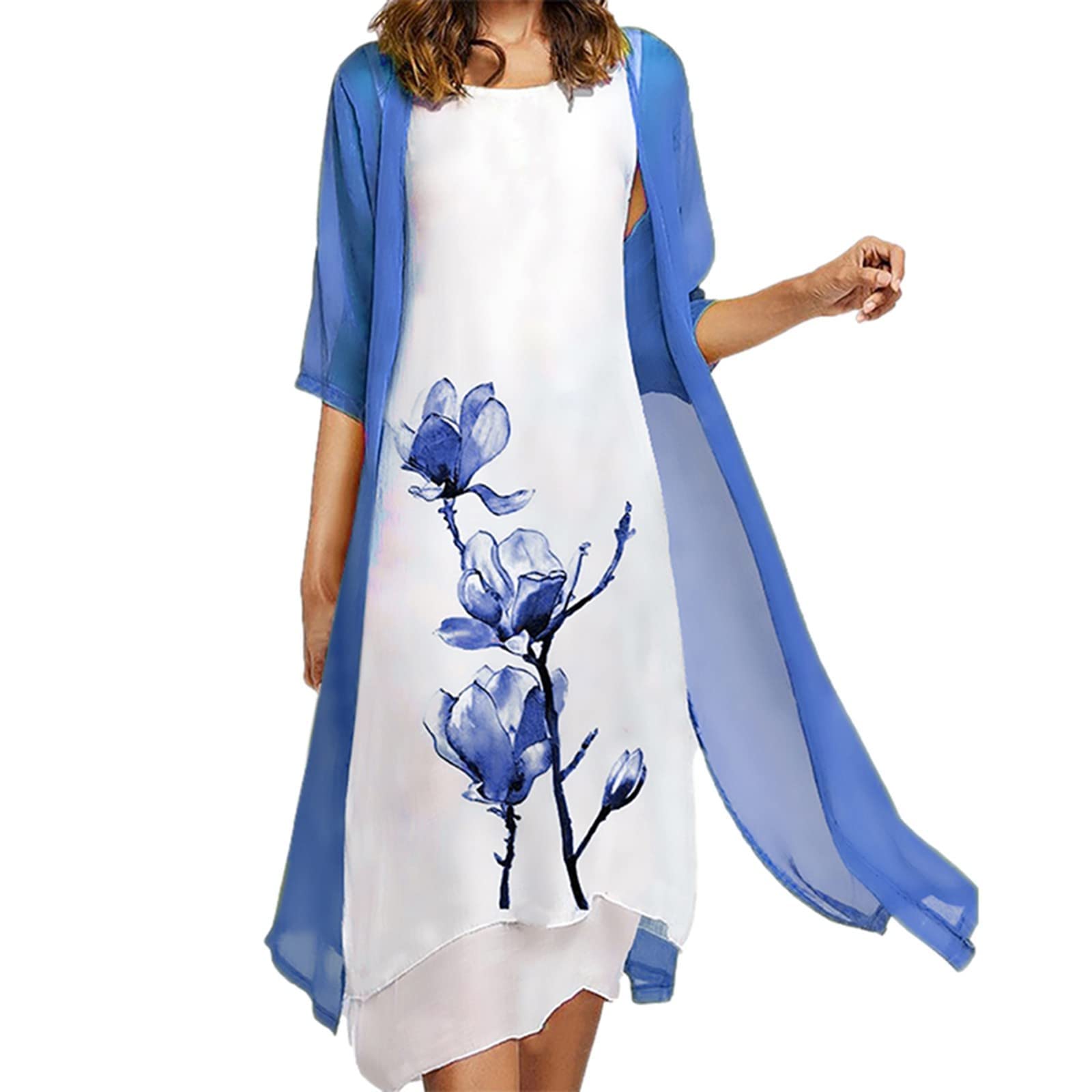 Women's Floral Sleeveless Tank Dress with Long Chiffon Cardigan Set - Summer Casual Two Piece Outfit for Beach Vacation, Date Night & Outdoor Activities