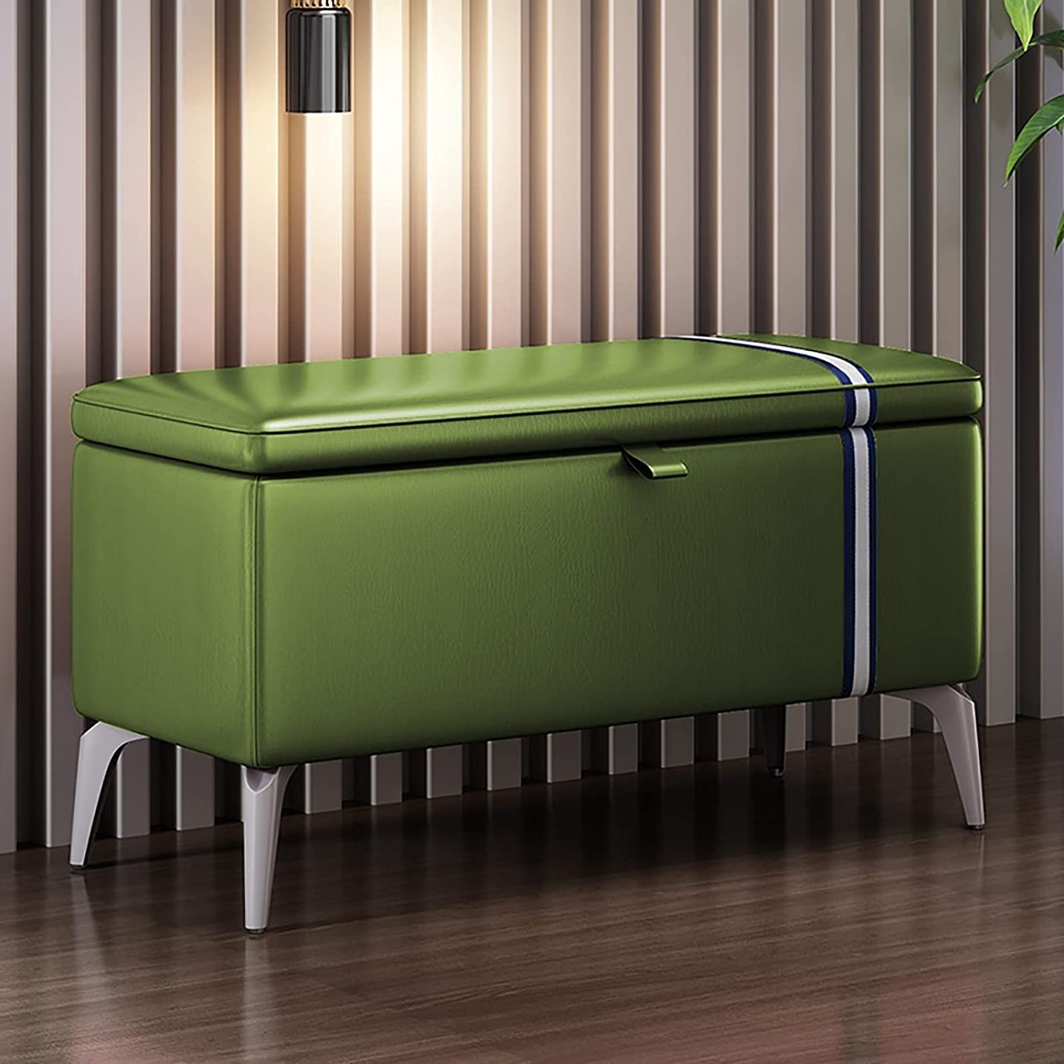 Modern Leather Storage Ottoman Bench - Rectangle Entryway Shoe Bench with Padded Seat, Solid Wood Storage Trunk, Multifunctional Furniture (Green, 100x35x45cm) - Perfect for Living Room, Bedroom, Hallway & Entryway Organization