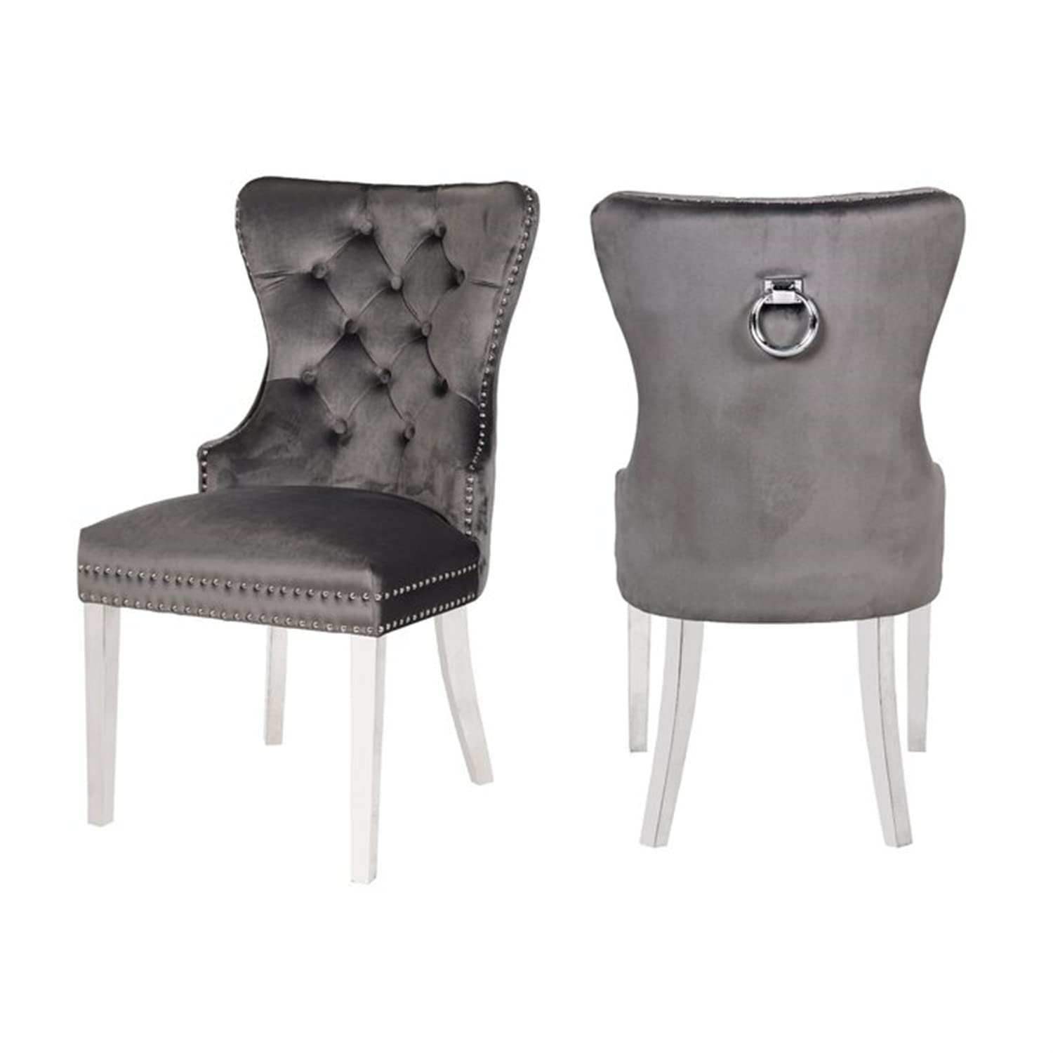 Velvet Upholstered Dining Chairs Set of 2 - Modern Button Tufted Accent Chairs with Metal Legs, Ring Pull & Nailhead Trim - Parsons Style for Living Room, Kitchen, Dining Room - Dark Gray Home Decor