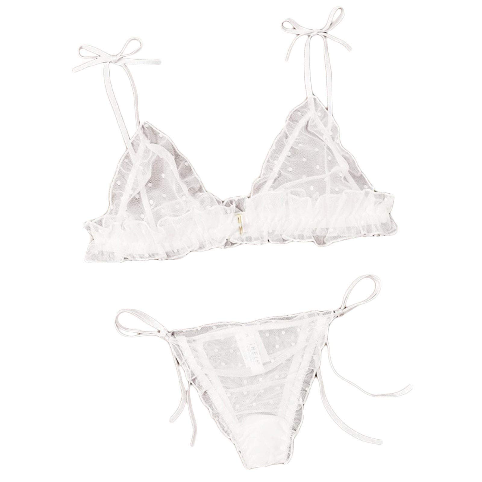 Sexy Lace Thong & Wireless Bra Set - Comfortable Mesh Lingerie for Women, Dot Pattern Bandage Design - Perfect for Workout, Running & Intimate Moments (White, XL)