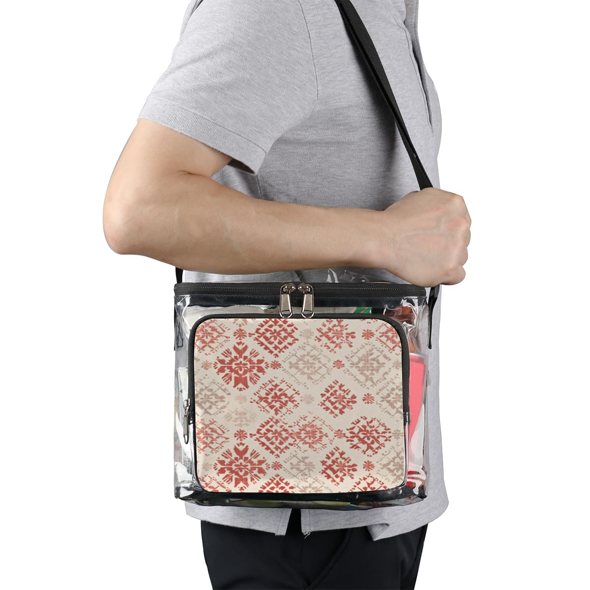 GzLeyigou Red Clear Transparent Tote Bag with Abstract Texture - Crossbody Shoulder Lunch Bag for Women | Perfect for Outdoor Travel, Picnic, Concerts & Sports Events | Stadium Approved Carry-On Accessory