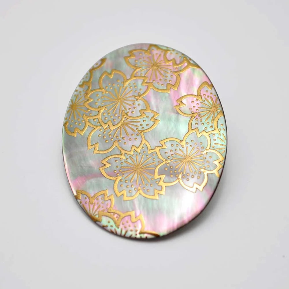 Handcrafted Japanese Maki-e Urushi Lacquer Brooch with Black Lip Oyster Pearl & Cherry Blossom Design - Traditional Artisan Jewelry for Women, Gift for Special Occasions, Wedding Accessories, and Cultural Fashion Statements