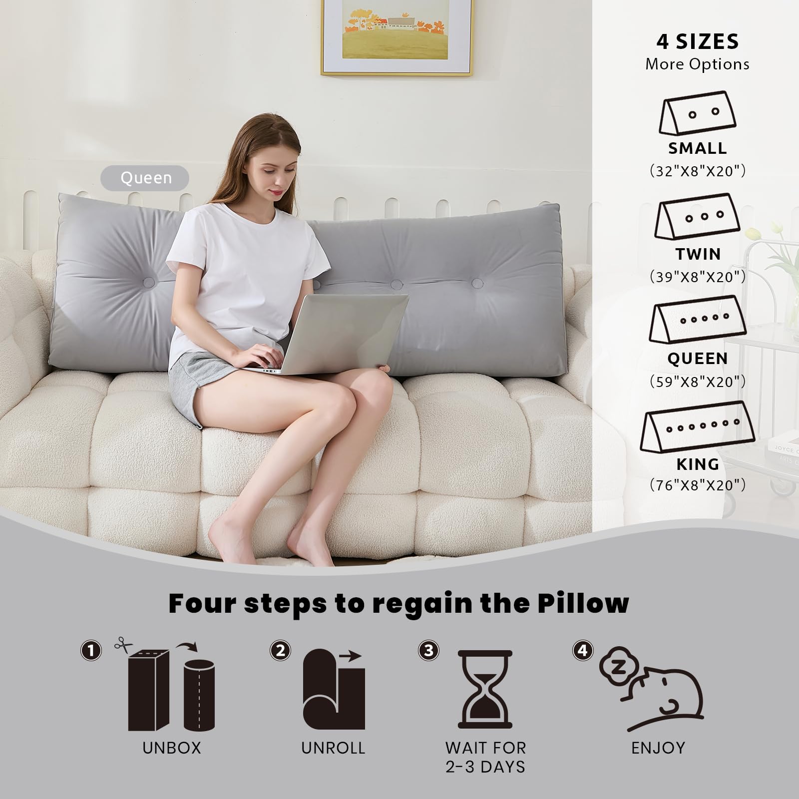 Triangular Wedge Pillow Headboard for Queen Bed - Soft Support for Reading & Resting - Removable Cover - Chalk Grey (59